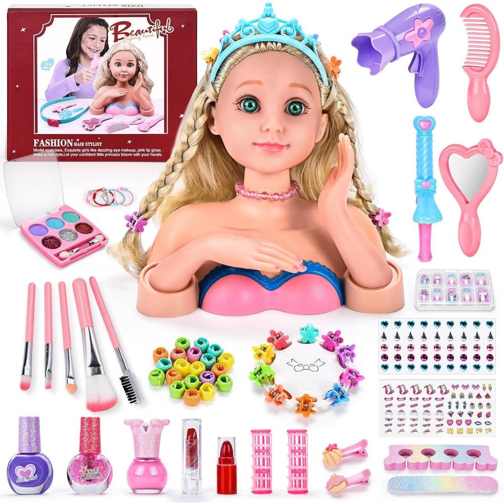 imagePoupe de Tte de Coiffure pour EnfantsTte de Poupe de Maquillage pour Fille 60 Pices Ensemble de Coiffure Jouet Modle Accessoires avec Autocollant pour Ongles et Rouge Lvres