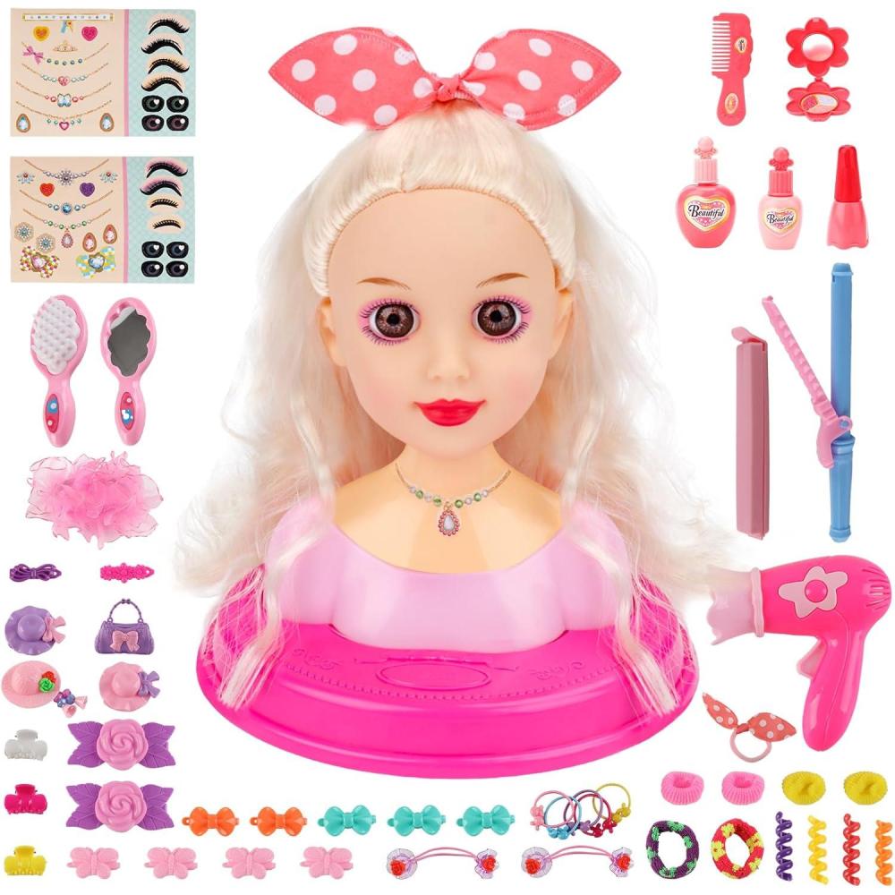 imagedeAO 52 Pices Tte Coiffer Enfant avec Accessoires de Coiffure et Maquillage Poupe Coiffure Jeux dImitation et Apprendre Coiffure Styling Head Kids Jouet Fille pour Ds 3 Ans