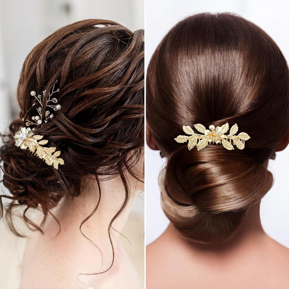 image4 Pcs Peignes Cheveux en Or orns de Feuilles Accessoires de Coiffure lgants et adapts toutes les femmes Parfait pour des coiffures uniques et tendanceOr2