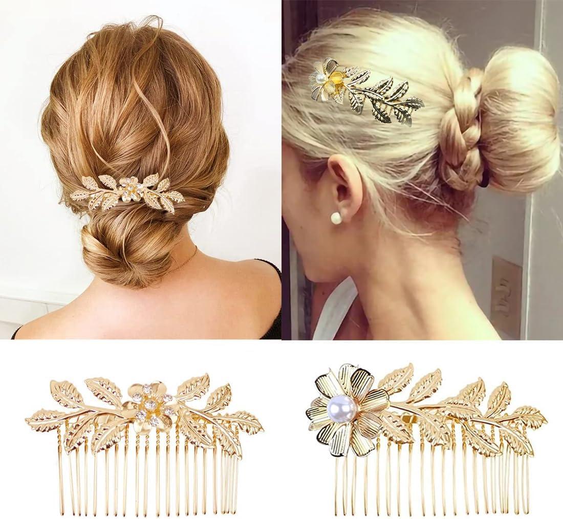 image4 Pcs Peignes Cheveux en Or orns de Feuilles Accessoires de Coiffure lgants et adapts toutes les femmes Parfait pour des coiffures uniques et tendanceOr2