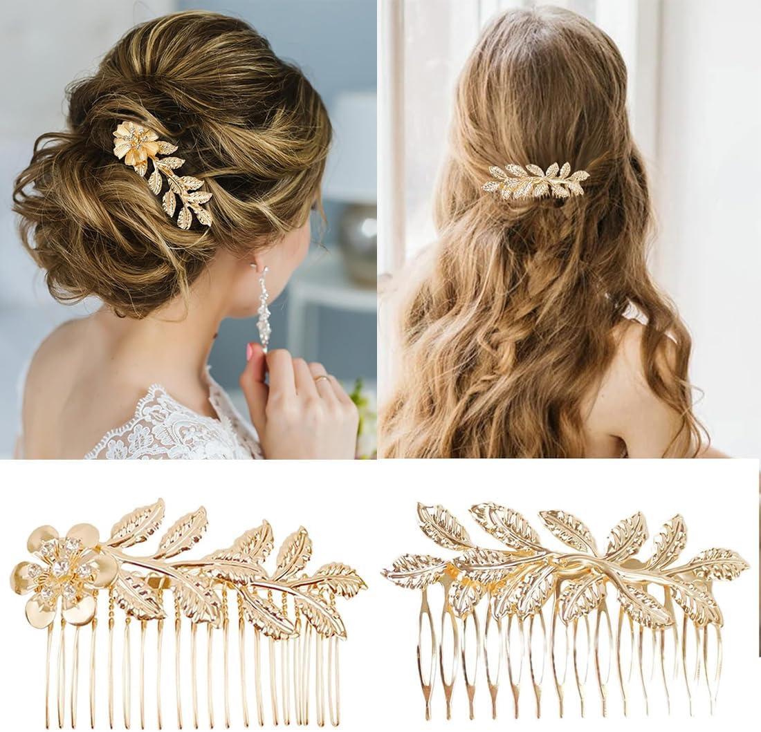 image4 Pcs Peignes Cheveux en Or orns de Feuilles Accessoires de Coiffure lgants et adapts toutes les femmes Parfait pour des coiffures uniques et tendanceOr1