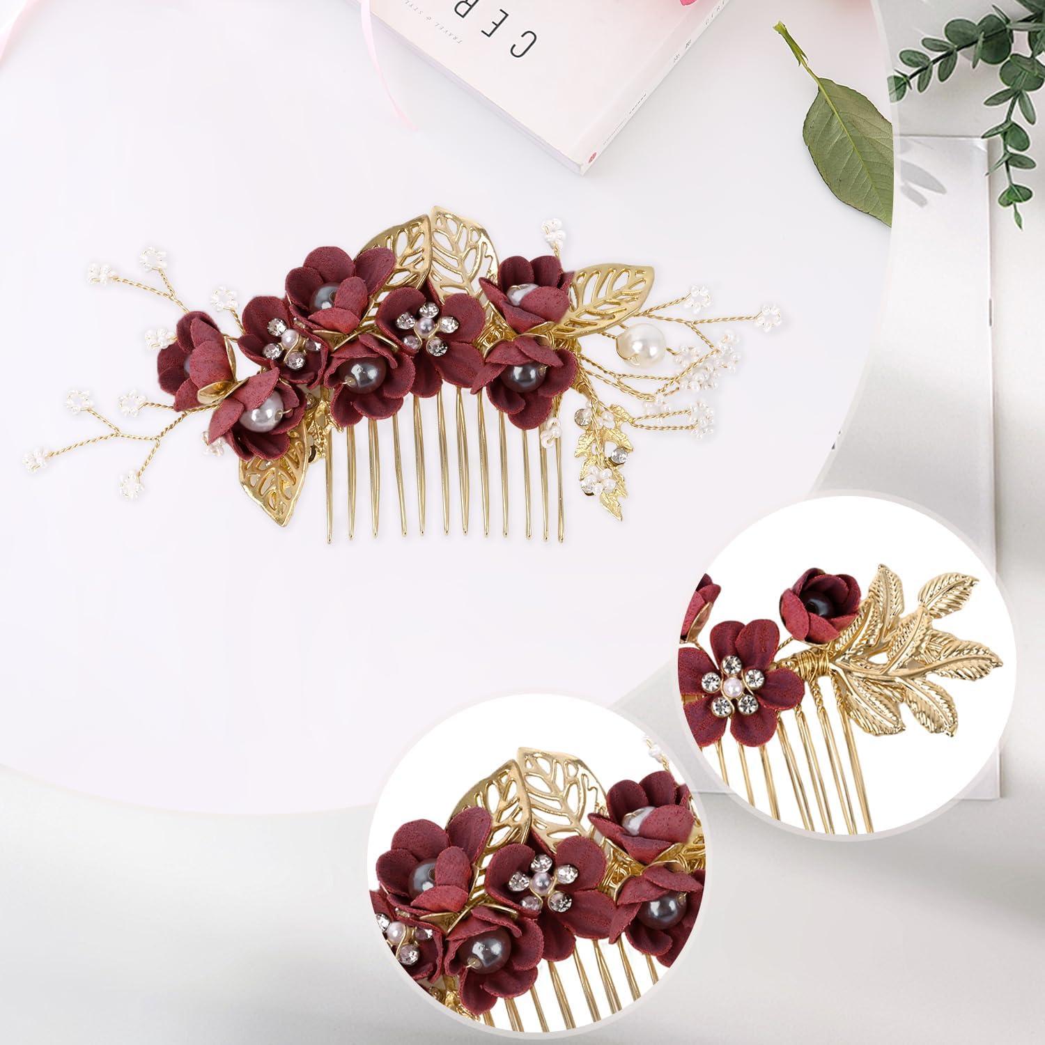 imageAccessoires pour cheveux de demoiselle dhonneur peignes latraux pour cheveux de mariage pingles cheveux en forme de fleurs pour les femmes et les filles 4 picesbordeaux