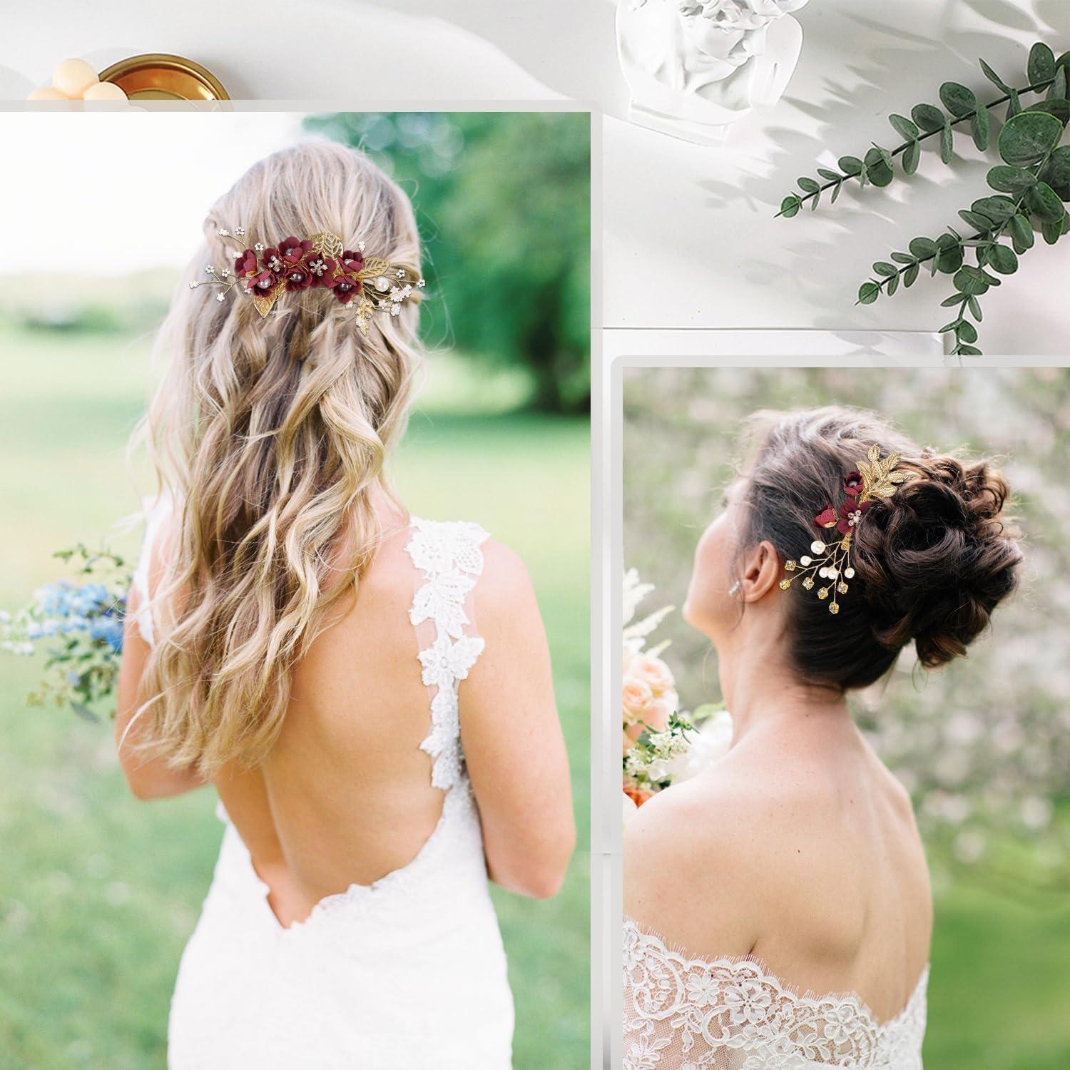 imageAccessoires pour cheveux de demoiselle dhonneur peignes latraux pour cheveux de mariage pingles cheveux en forme de fleurs pour les femmes et les filles 4 picesbordeaux