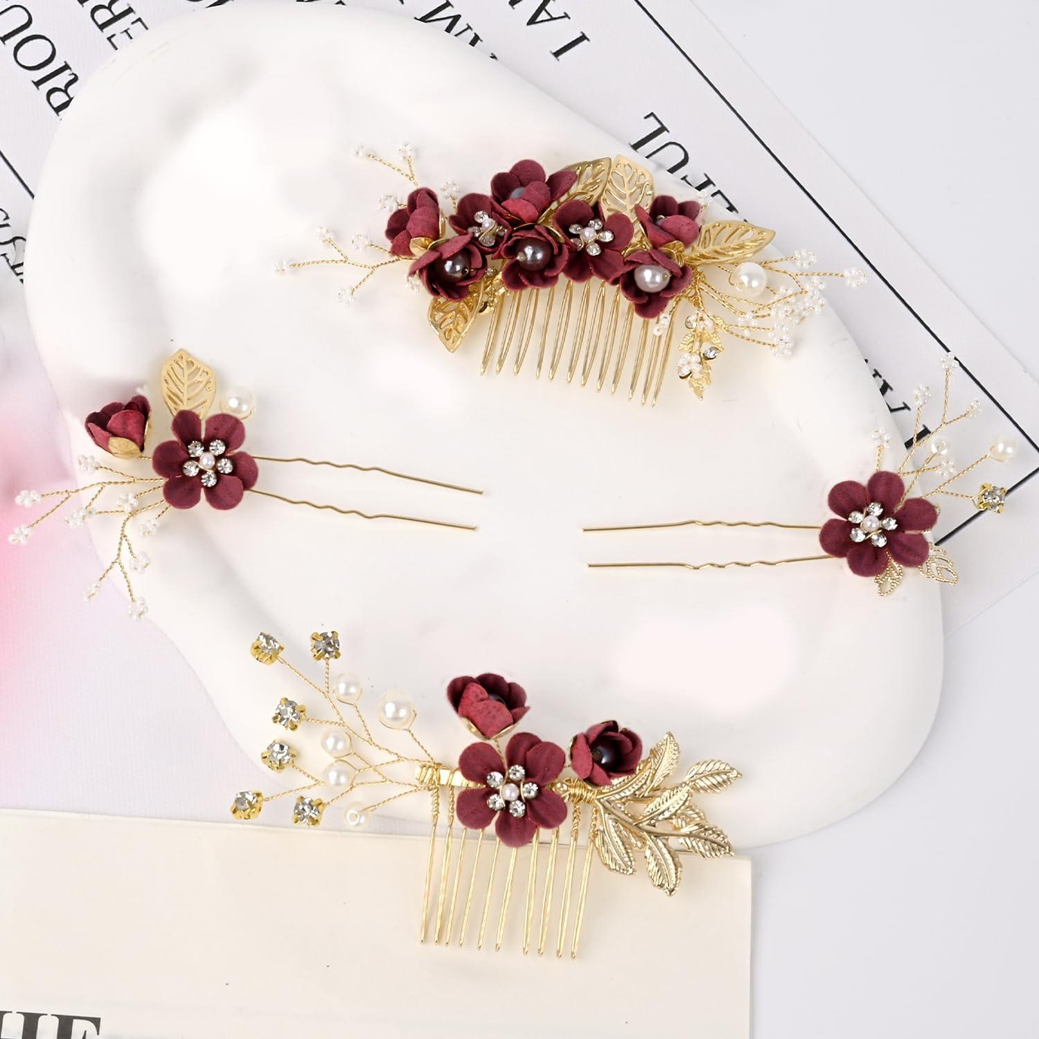 imageAccessoires pour cheveux de demoiselle dhonneur peignes latraux pour cheveux de mariage pingles cheveux en forme de fleurs pour les femmes et les filles 4 picesbordeaux