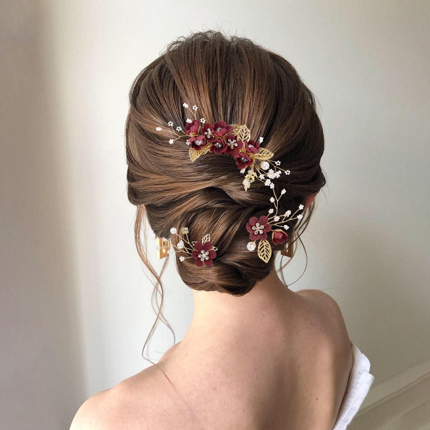 imageAccessoires pour cheveux de demoiselle dhonneur peignes latraux pour cheveux de mariage pingles cheveux en forme de fleurs pour les femmes et les filles 4 picesbordeaux