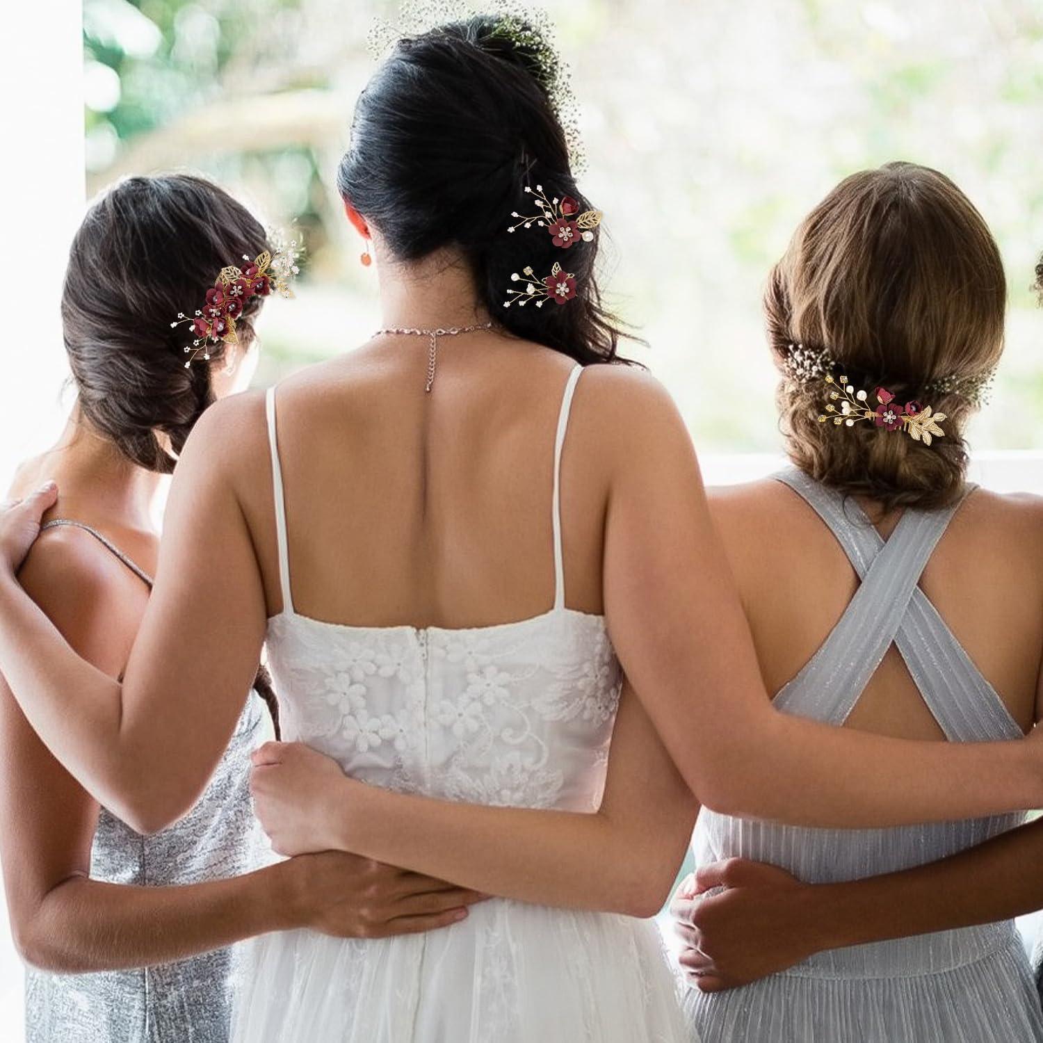 imageAccessoires pour cheveux de demoiselle dhonneur peignes latraux pour cheveux de mariage pingles cheveux en forme de fleurs pour les femmes et les filles 4 picesbordeaux