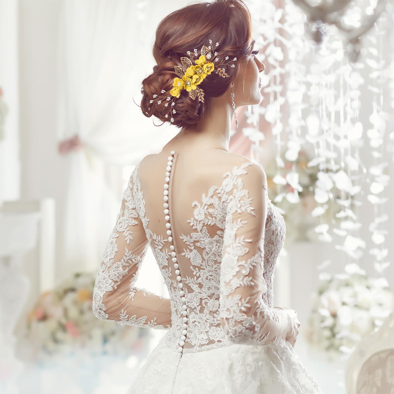 imageAccessoires pour cheveux de demoiselle dhonneur peignes latraux pour cheveux de mariage pingles cheveux en forme de fleurs pour les femmes et les filles 4 picesJaune 1 pice