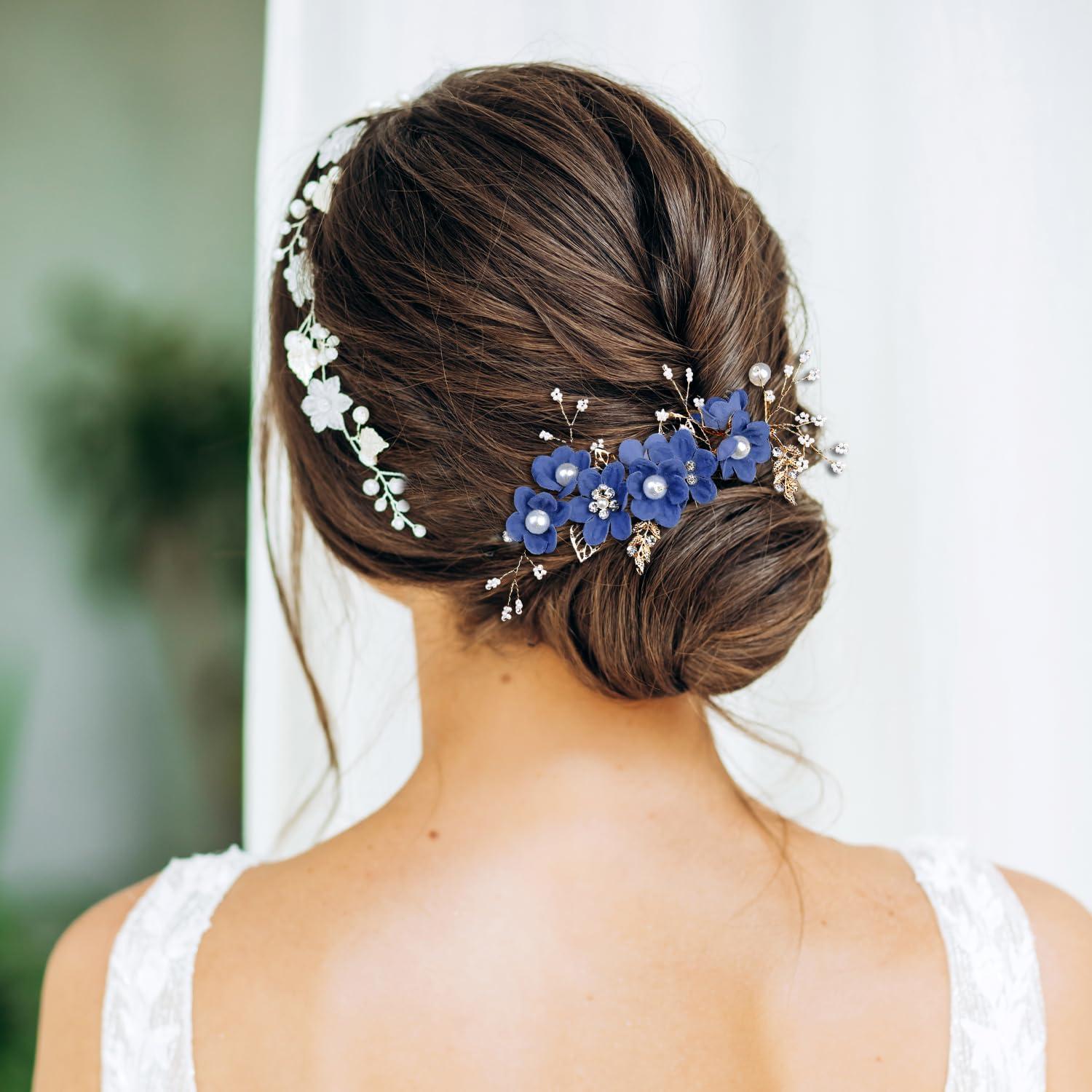 imageAccessoires pour cheveux de demoiselle dhonneur peignes latraux pour cheveux de mariage pingles cheveux en forme de fleurs pour les femmes et les filles 4 picesbleu roi