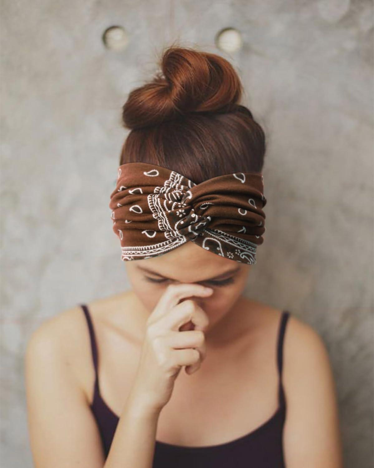 imageDRESHOW 4 Pices Bandeau Cheveux Femme Boho Bandeaux Vintage Fleur Imprim Hair Bandeau Cross Nou lastique Bande de Cheveux Accessoire4 Pack Cashew Nut Setc09