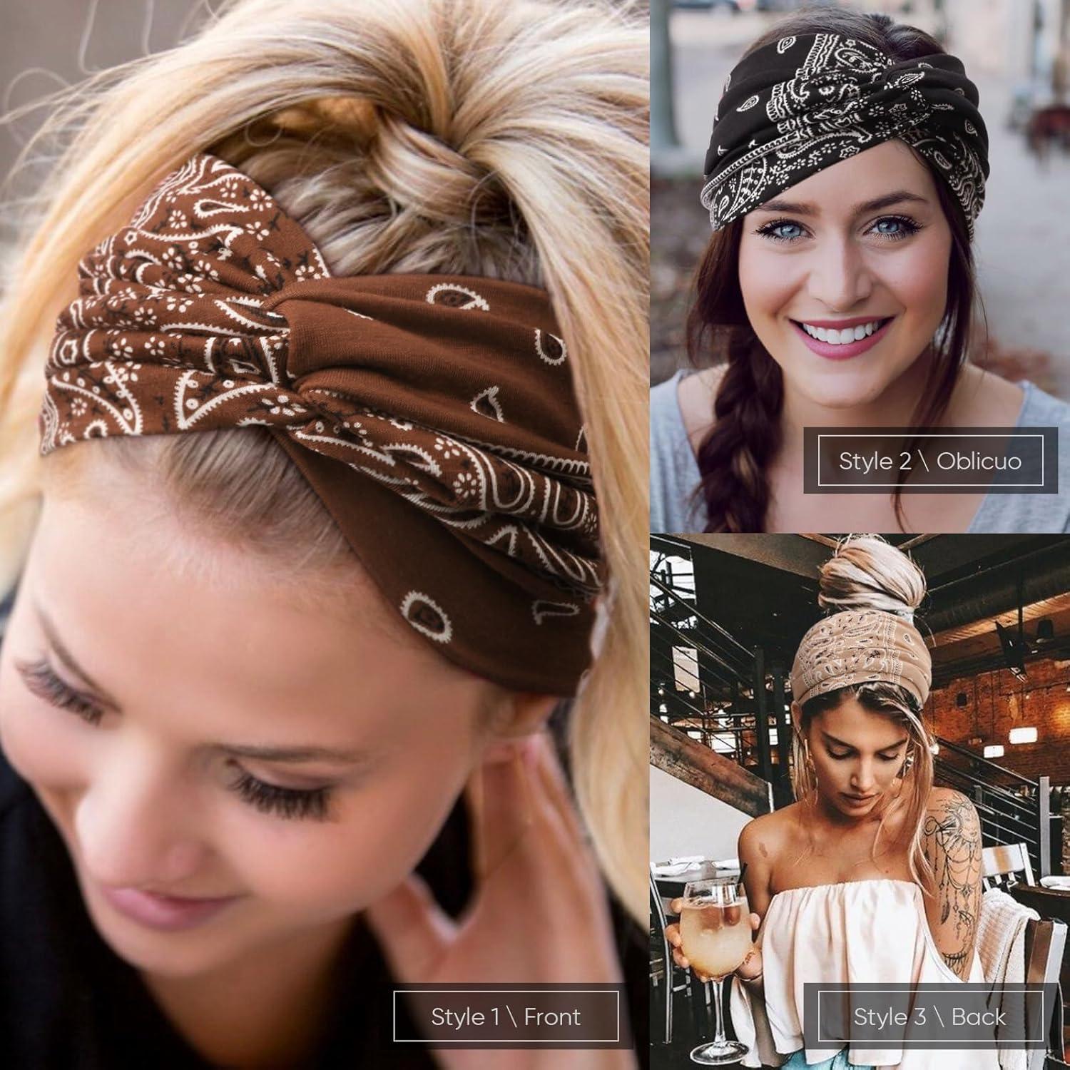 imageDRESHOW 4 Pices Bandeau Cheveux Femme Boho Bandeaux Vintage Fleur Imprim Hair Bandeau Cross Nou lastique Bande de Cheveux Accessoire4 Pack Cashew Nut Setc09