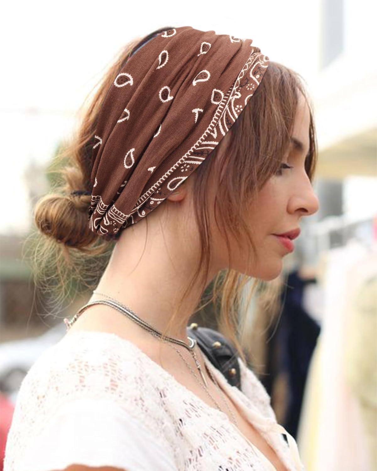 imageDRESHOW 4 Pices Bandeau Cheveux Femme Boho Bandeaux Vintage Fleur Imprim Hair Bandeau Cross Nou lastique Bande de Cheveux Accessoire4 Pack Cashew Nut Setc09