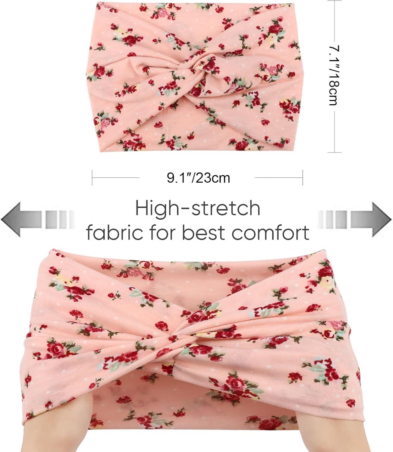 imageDRESHOW 4 Pices Bandeau Cheveux Femme Boho Bandeaux Vintage Fleur Imprim Hair Bandeau Cross Nou lastique Bande de Cheveux Accessoire4 Pack Flower Pattern SetC14