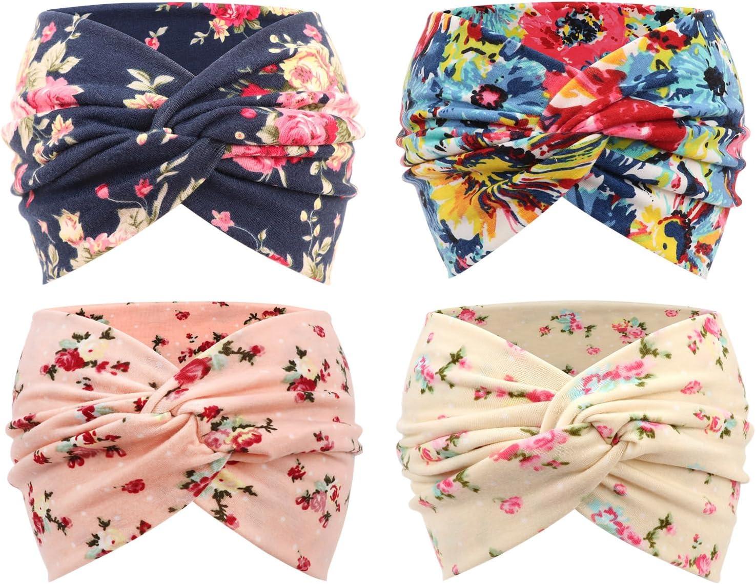 imageDRESHOW 4 Pices Bandeau Cheveux Femme Boho Bandeaux Vintage Fleur Imprim Hair Bandeau Cross Nou lastique Bande de Cheveux Accessoire4 Pack Flower Pattern SetC14