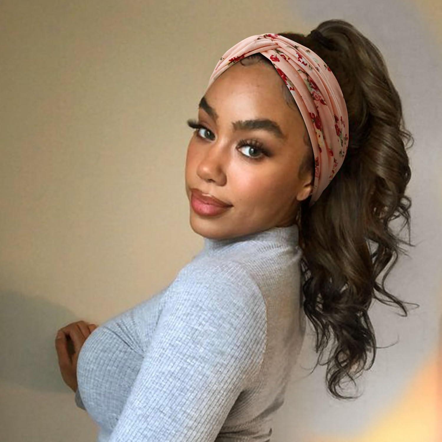 imageDRESHOW 4 Pices Bandeau Cheveux Femme Boho Bandeaux Vintage Fleur Imprim Hair Bandeau Cross Nou lastique Bande de Cheveux Accessoire4 Pack Flower Pattern SetC14