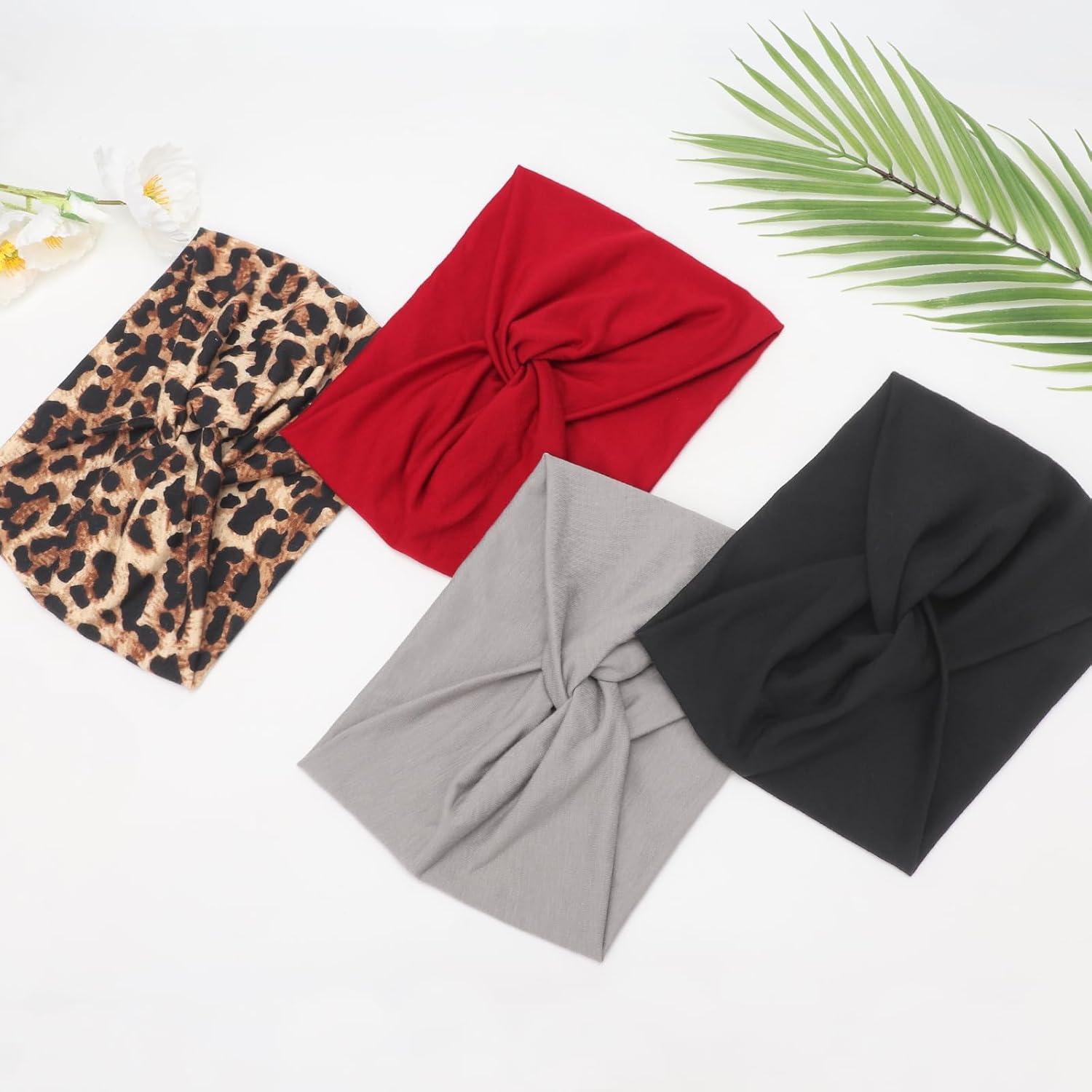 imageDRESHOW 4 Pices Bandeau Cheveux Femme Boho Bandeaux Vintage Fleur Imprim Hair Bandeau Cross Nou lastique Bande de Cheveux Accessoire4 Pack Mix SetC27