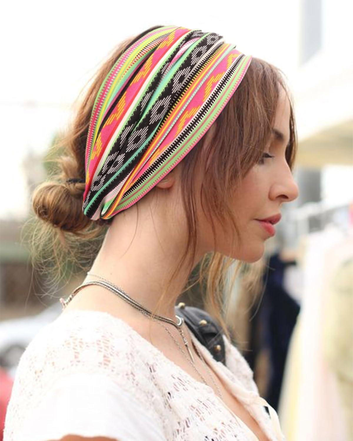 imageDRESHOW 4 Pices Bandeau Cheveux Femme Boho Bandeaux Vintage Fleur Imprim Hair Bandeau Cross Nou lastique Bande de Cheveux Accessoire4 Pack Mix Setc11