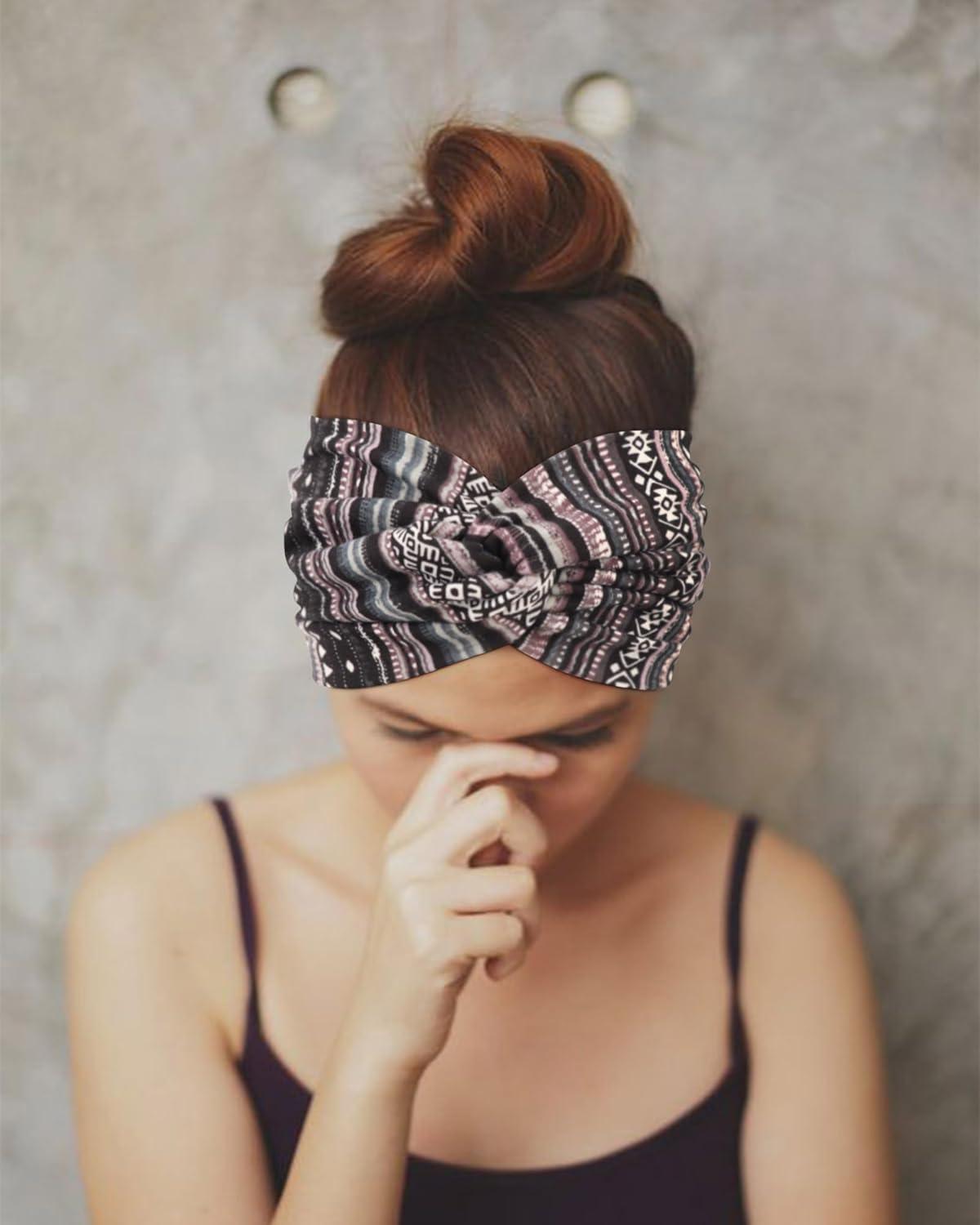 imageDRESHOW 4 Pices Bandeau Cheveux Femme Boho Bandeaux Vintage Fleur Imprim Hair Bandeau Cross Nou lastique Bande de Cheveux Accessoire4 Pack Mix Setc11