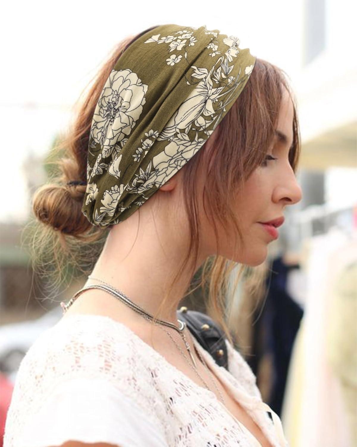 imageDRESHOW 4 Pices Bandeau Cheveux Femme Boho Bandeaux Vintage Fleur Imprim Hair Bandeau Cross Nou lastique Bande de Cheveux Accessoire4 Pack Mix Setc16 A