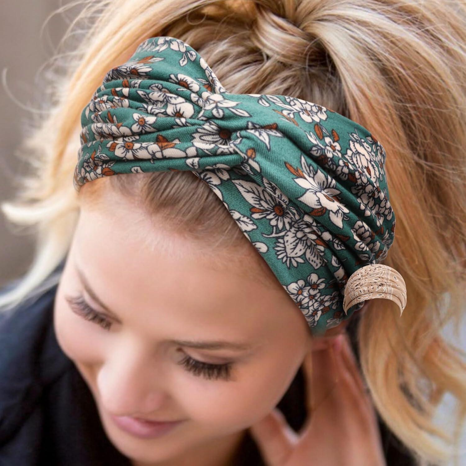 imageDRESHOW 4 Pices Bandeau Cheveux Femme Boho Bandeaux Vintage Fleur Imprim Hair Bandeau Cross Nou lastique Bande de Cheveux Accessoire4 Pack Mix Setc20