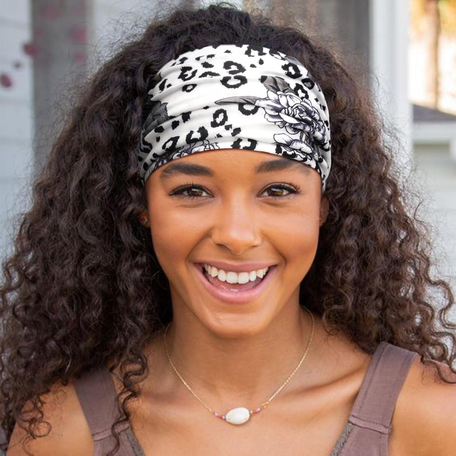 imageDRESHOW 4 Pices Bandeau Cheveux Femme Boho Bandeaux Vintage Fleur Imprim Hair Bandeau Cross Nou lastique Bande de Cheveux Accessoire4 Pack Mix Setc20