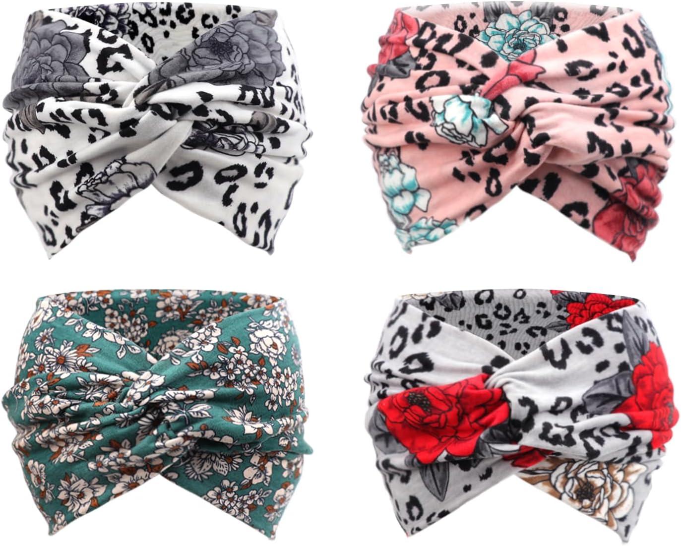 imageDRESHOW 4 Pices Bandeau Cheveux Femme Boho Bandeaux Vintage Fleur Imprim Hair Bandeau Cross Nou lastique Bande de Cheveux Accessoire4 Pack Mix Setc20