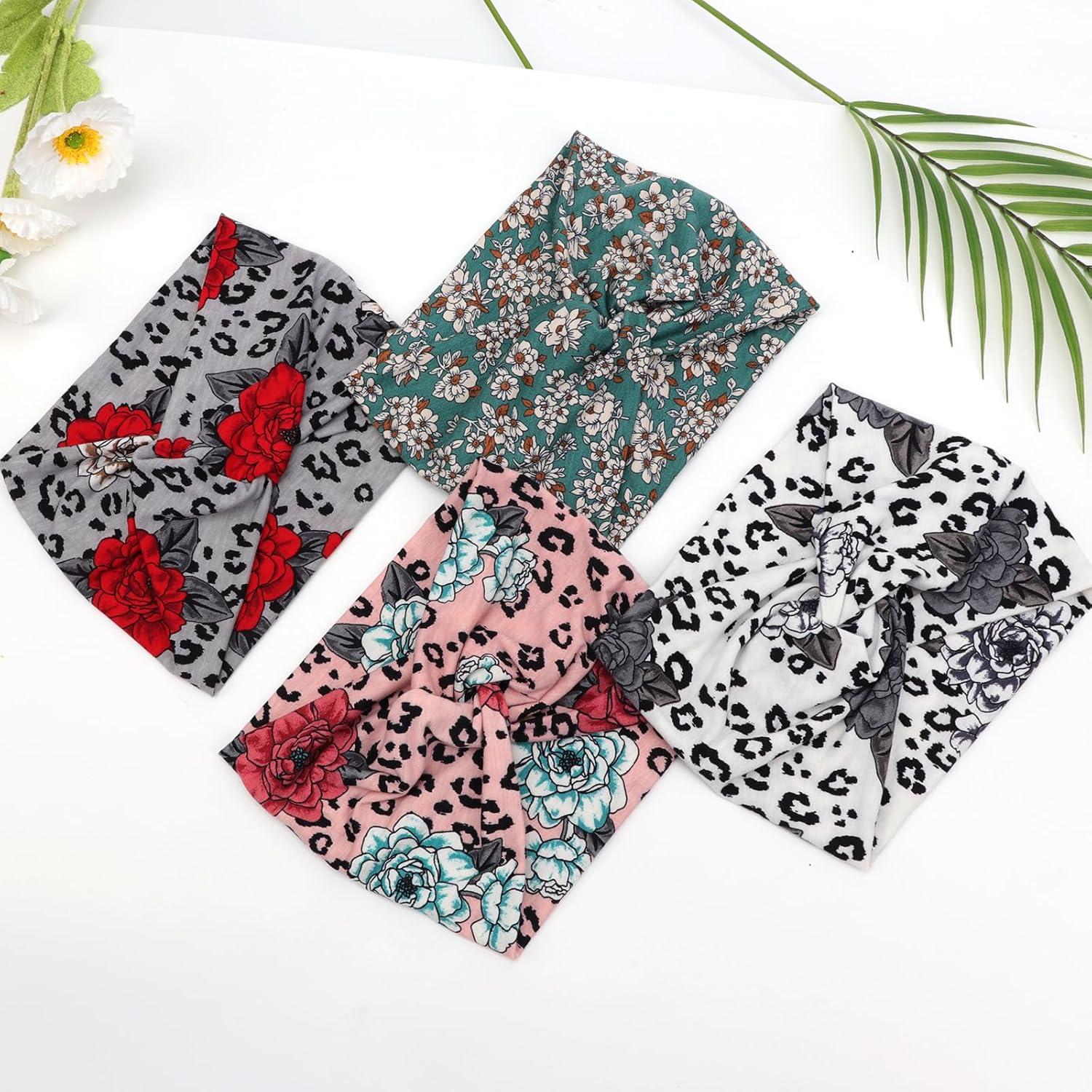 imageDRESHOW 4 Pices Bandeau Cheveux Femme Boho Bandeaux Vintage Fleur Imprim Hair Bandeau Cross Nou lastique Bande de Cheveux Accessoire4 Pack Mix Setc20