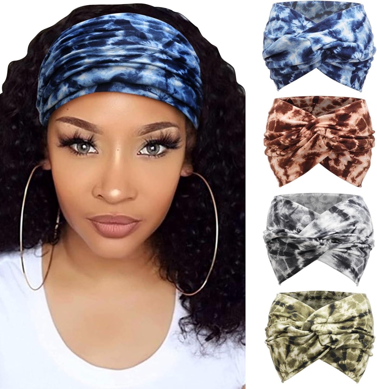imageDRESHOW 4 Pices Bandeau Cheveux Femme Boho Bandeaux Vintage Fleur Imprim Hair Bandeau Cross Nou lastique Bande de Cheveux Accessoire4 Pack Mix Setc23