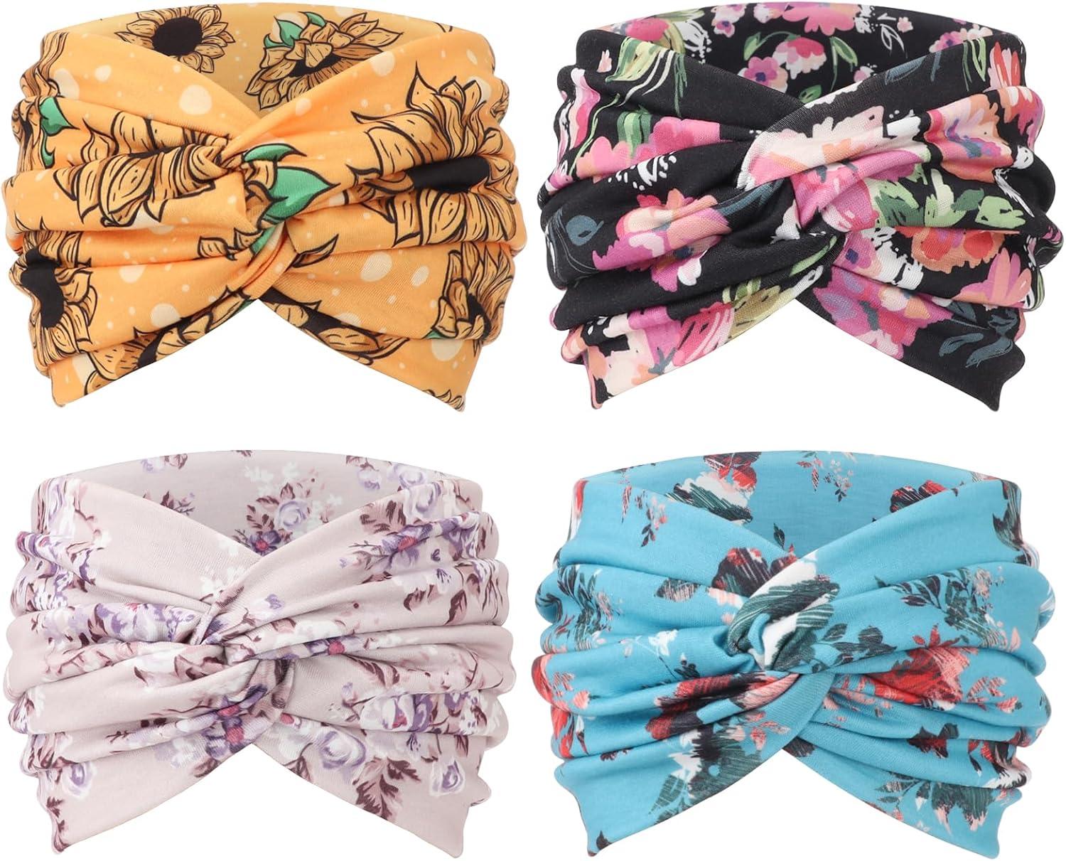 imageDRESHOW 4 Pices Bandeau Cheveux Femme Boho Bandeaux Vintage Fleur Imprim Hair Bandeau Cross Nou lastique Bande de Cheveux Accessoire4 Pack Mix Style SetC33