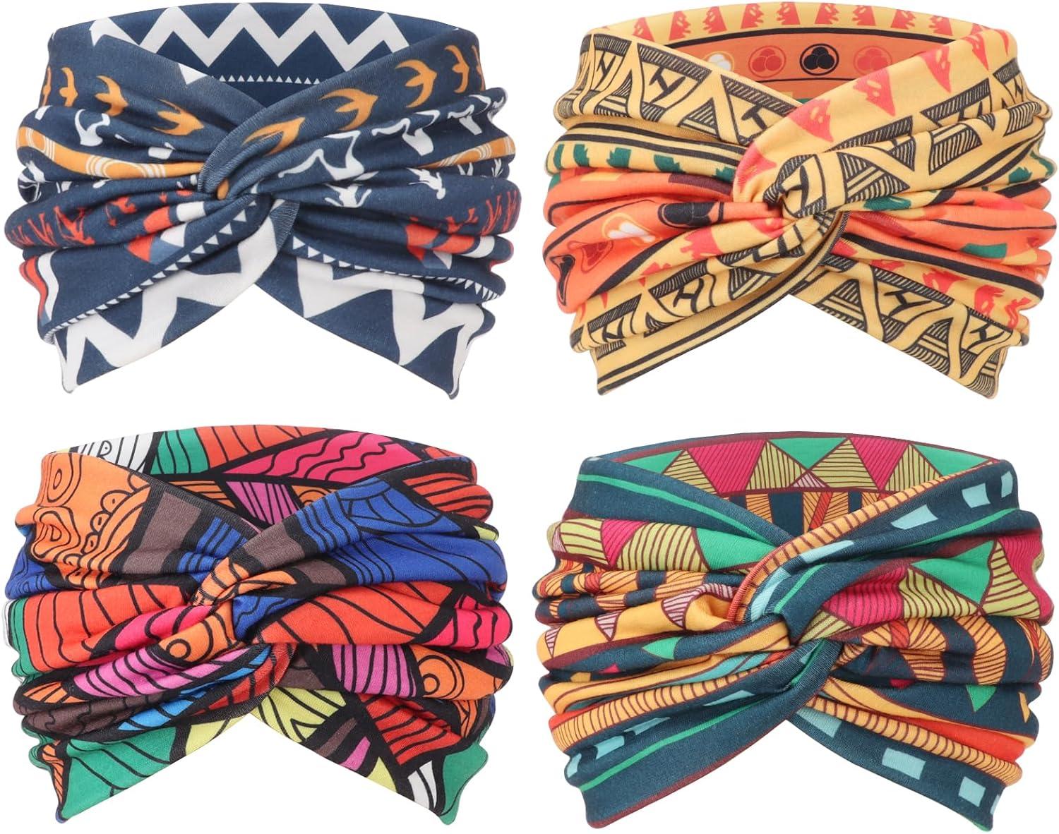 imageDRESHOW 4 Pices Bandeau Cheveux Femme Boho Bandeaux Vintage Fleur Imprim Hair Bandeau Cross Nou lastique Bande de Cheveux Accessoire4 Pack Mix Style SetC32