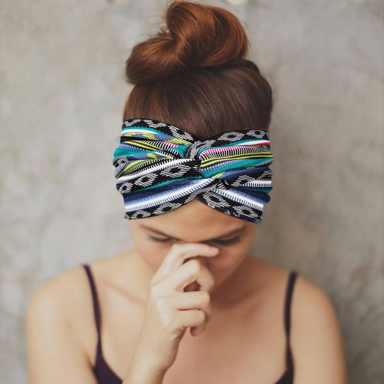 imageDRESHOW 4 Pices Bandeau Cheveux Femme Boho Bandeaux Vintage Fleur Imprim Hair Bandeau Cross Nou lastique Bande de Cheveux Accessoire4 Pack Mix Style SetC37