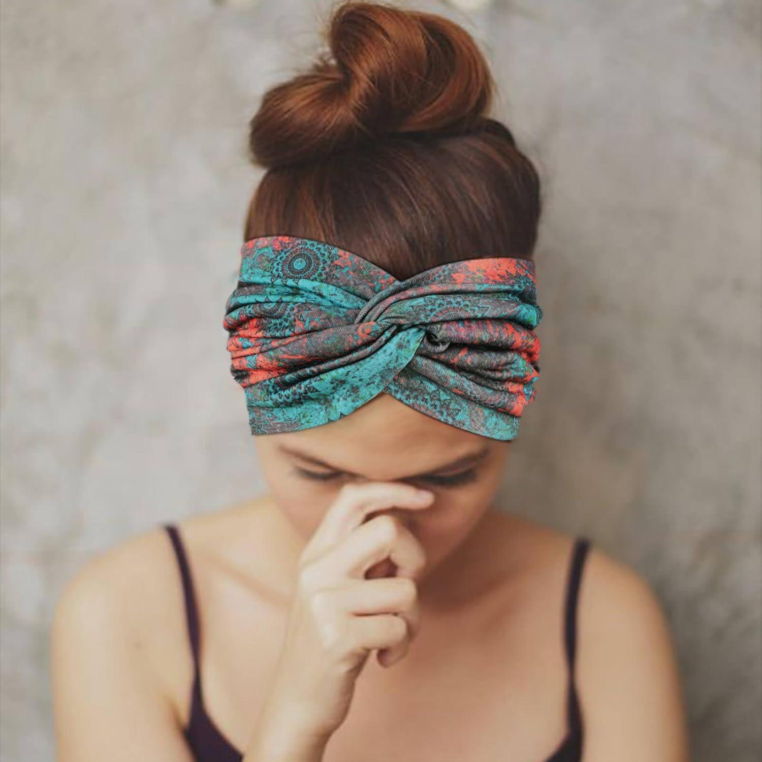 imageDRESHOW 4 Pices Bandeau Cheveux Femme Boho Bandeaux Vintage Fleur Imprim Hair Bandeau Cross Nou lastique Bande de Cheveux Accessoire4 Pack Mix Style SetC38