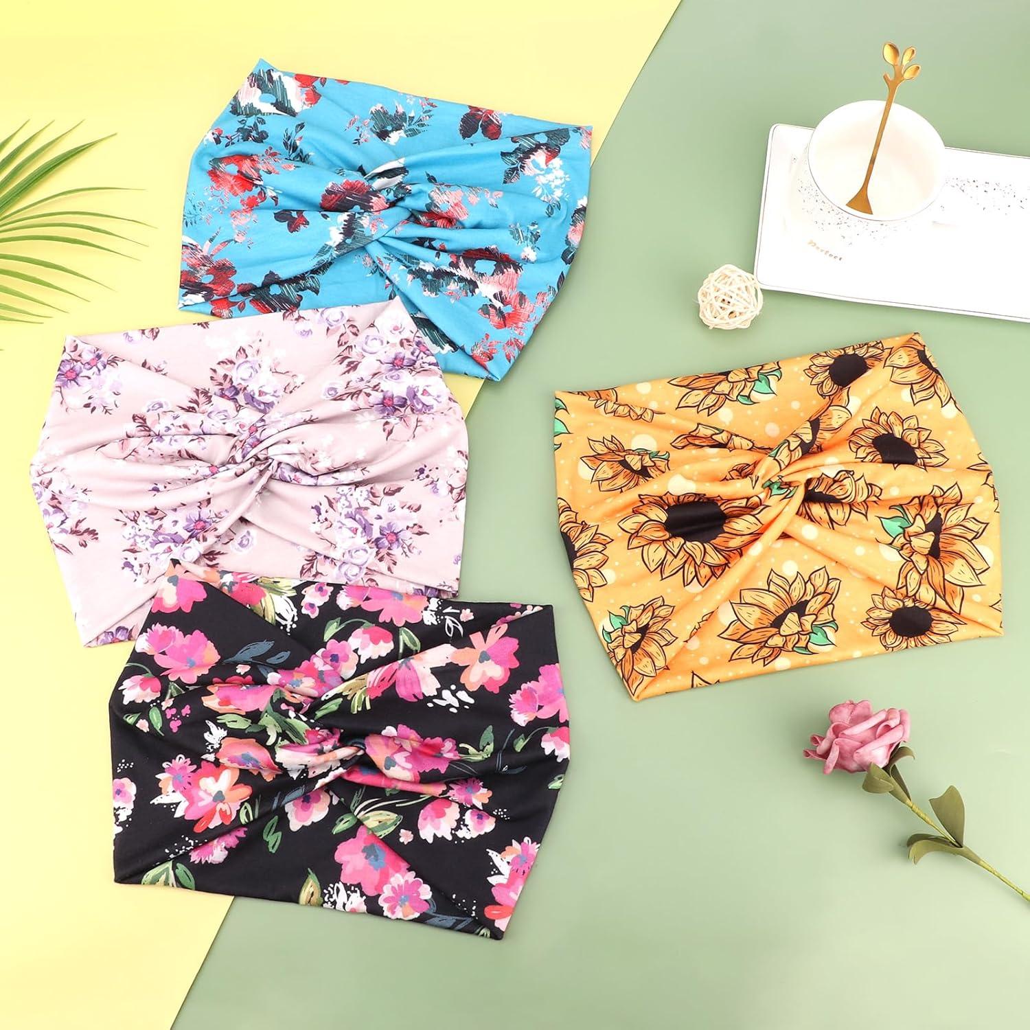 imageDRESHOW 4 Pices Bandeau Cheveux Femme Boho Bandeaux Vintage Fleur Imprim Hair Bandeau Cross Nou lastique Bande de Cheveux Accessoire4 Pack Mix Style SetC33