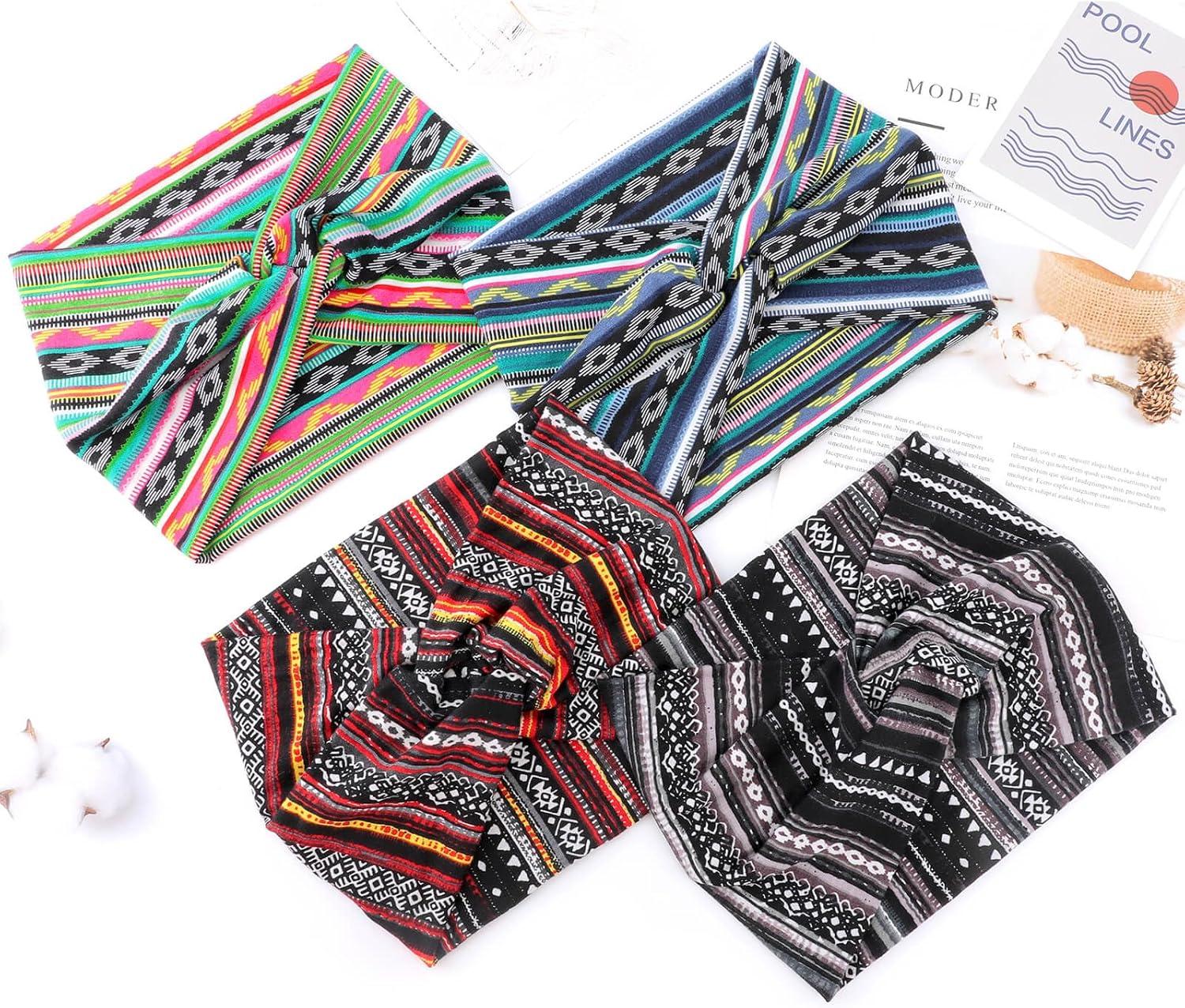 imageDRESHOW 4 Pices Bandeau Cheveux Femme Boho Bandeaux Vintage Fleur Imprim Hair Bandeau Cross Nou lastique Bande de Cheveux Accessoire4 Pack Mix Style SetC37