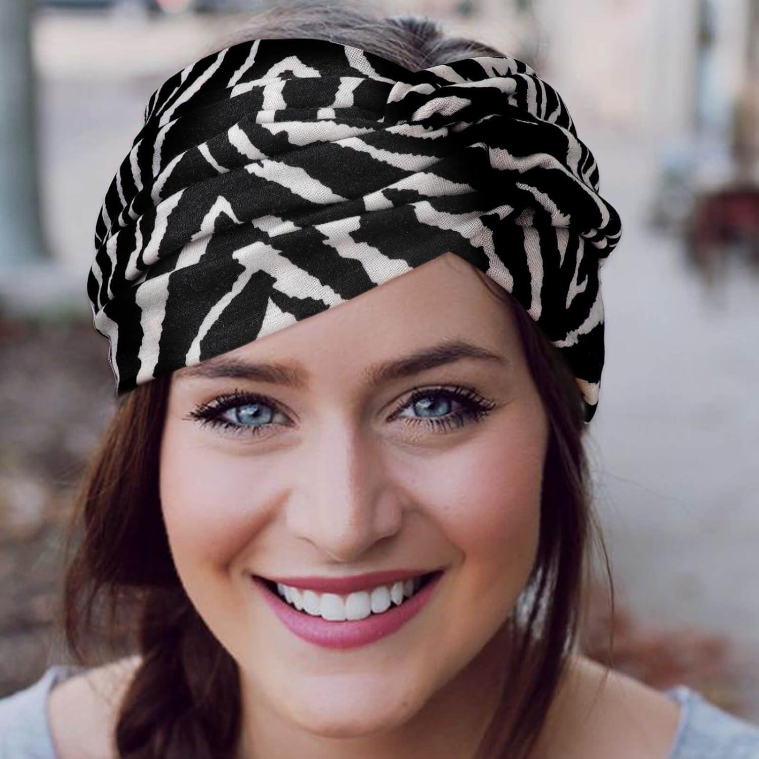 imageDRESHOW 4 Pices Bandeau Cheveux Femme Boho Bandeaux Vintage Fleur Imprim Hair Bandeau Cross Nou lastique Bande de Cheveux Accessoire4 Pack Mix Style SetC36