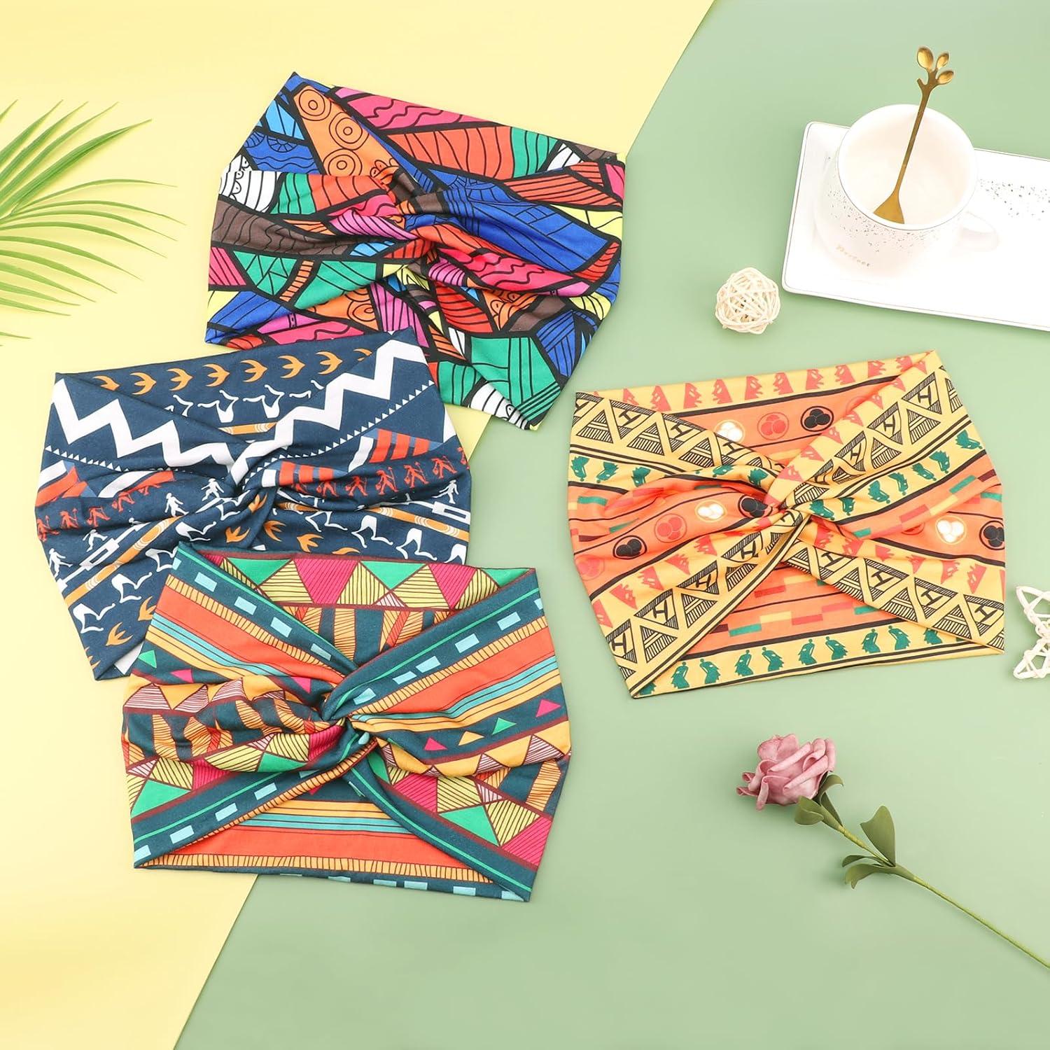 imageDRESHOW 4 Pices Bandeau Cheveux Femme Boho Bandeaux Vintage Fleur Imprim Hair Bandeau Cross Nou lastique Bande de Cheveux Accessoire4 Pack Mix Style SetC32