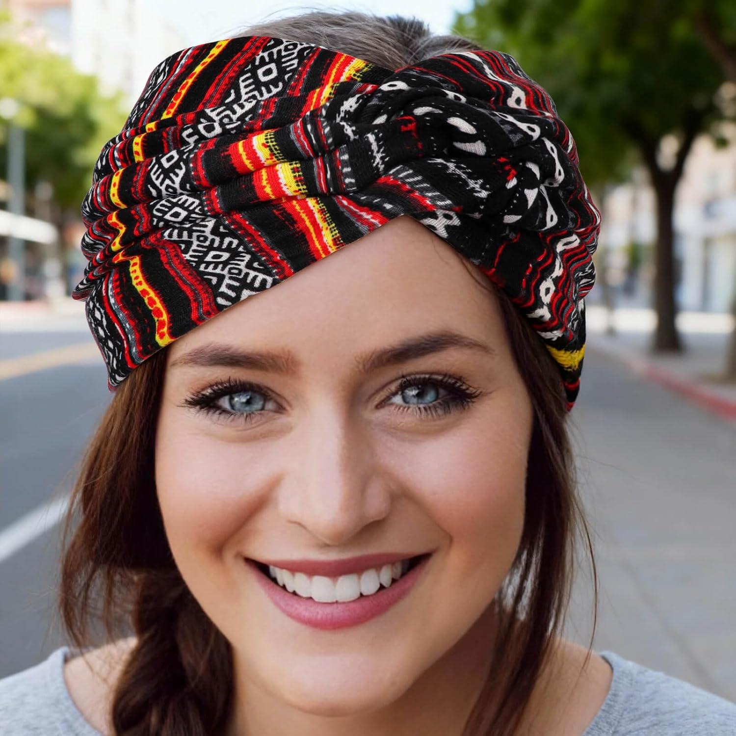 imageDRESHOW 4 Pices Bandeau Cheveux Femme Boho Bandeaux Vintage Fleur Imprim Hair Bandeau Cross Nou lastique Bande de Cheveux Accessoire4 Pack Mix Style SetC37