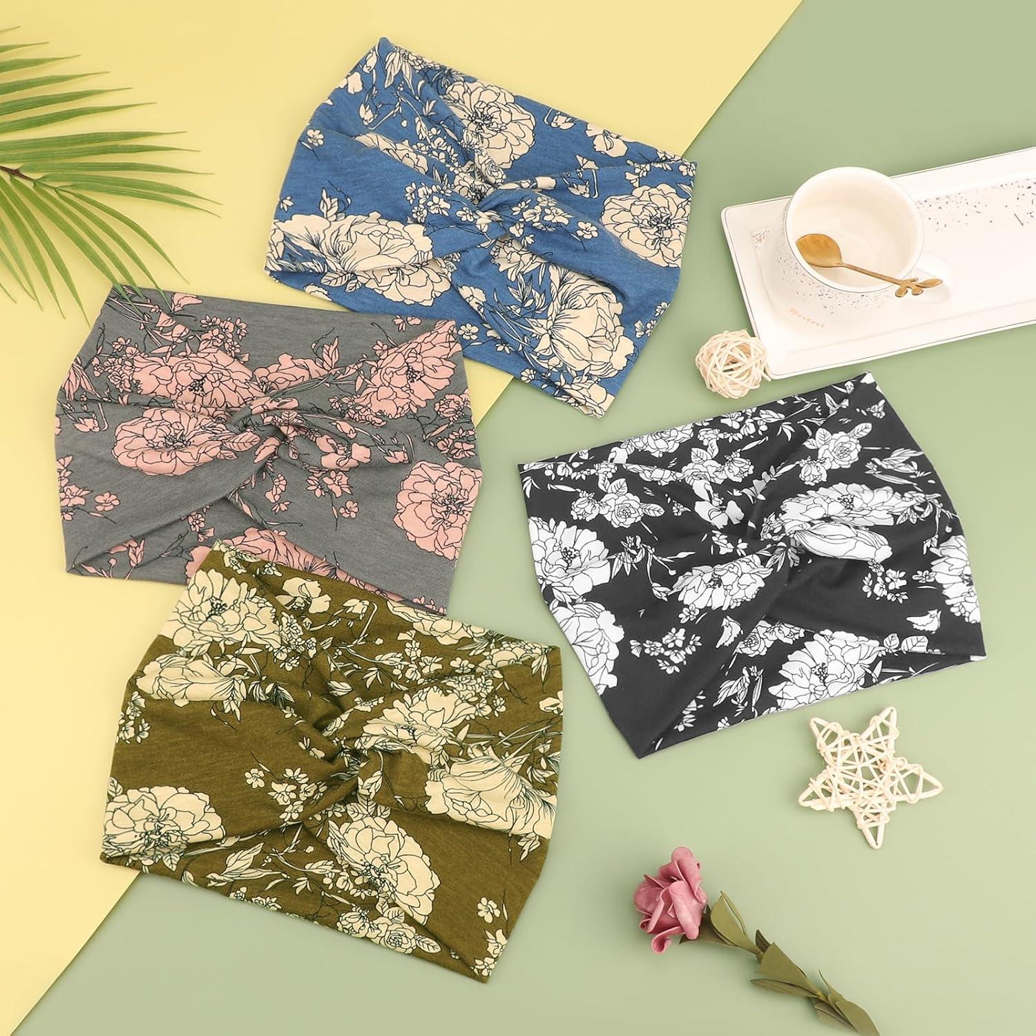 imageDRESHOW 4 Pices Bandeau Cheveux Femme Boho Bandeaux Vintage Fleur Imprim Hair Bandeau Cross Nou lastique Bande de Cheveux Accessoire4 Pack Mix Style Setc30