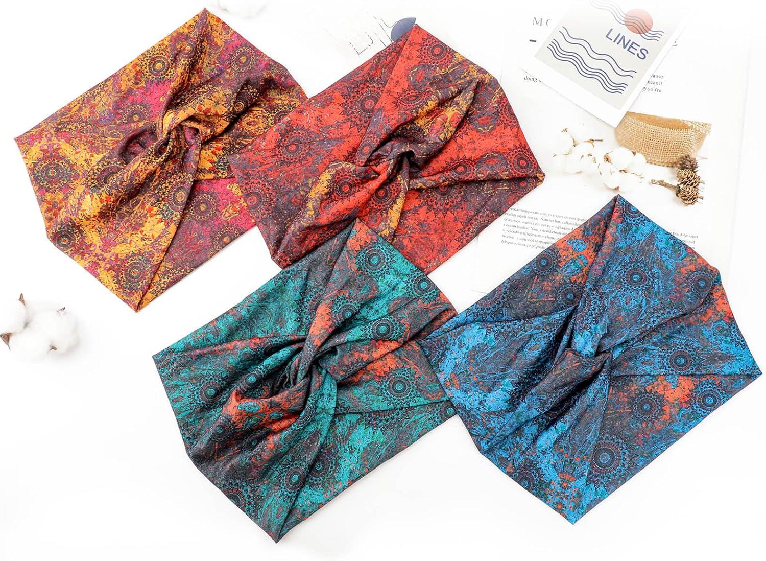 imageDRESHOW 4 Pices Bandeau Cheveux Femme Boho Bandeaux Vintage Fleur Imprim Hair Bandeau Cross Nou lastique Bande de Cheveux Accessoire4 Pack Mix Style SetC38