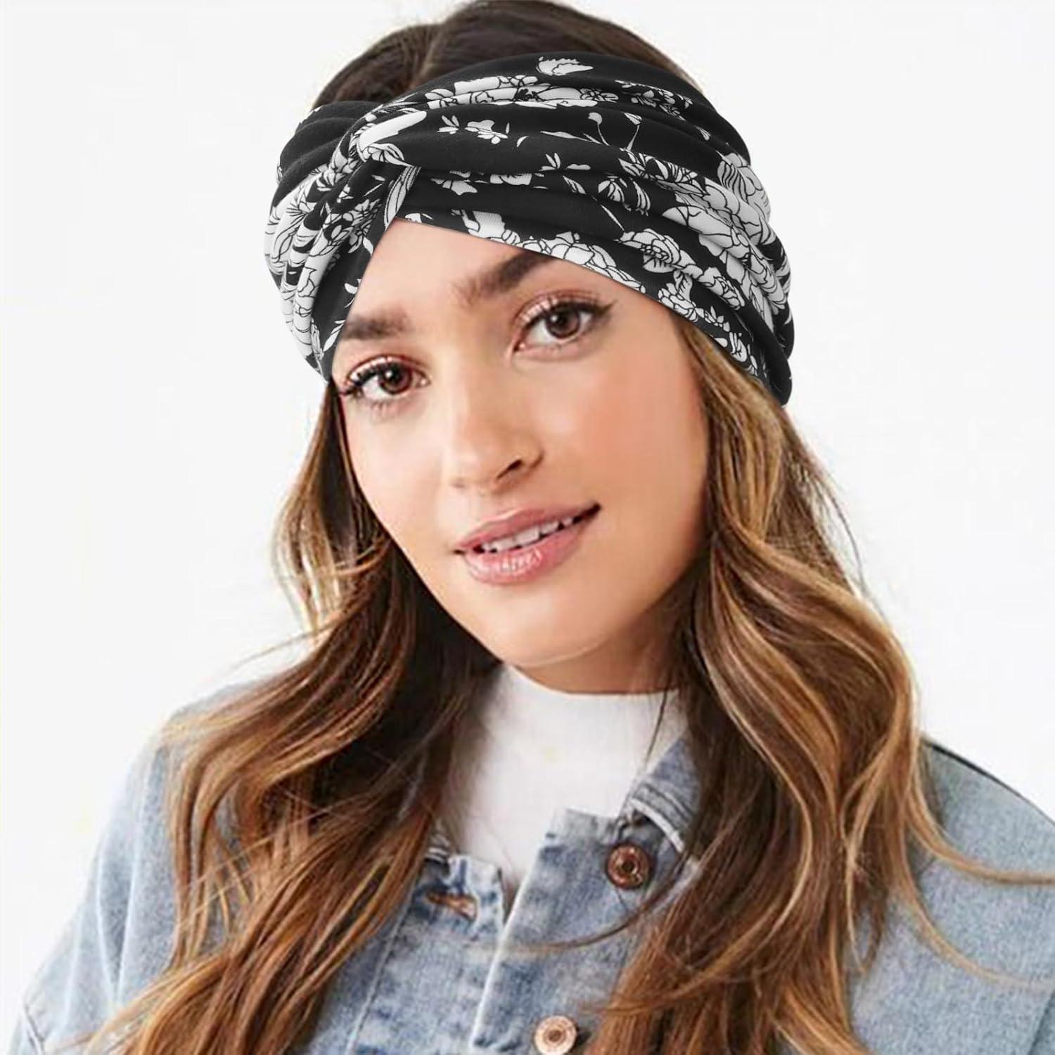 imageDRESHOW 4 Pices Bandeau Cheveux Femme Boho Bandeaux Vintage Fleur Imprim Hair Bandeau Cross Nou lastique Bande de Cheveux Accessoire4 Pack Mix Style Setc30