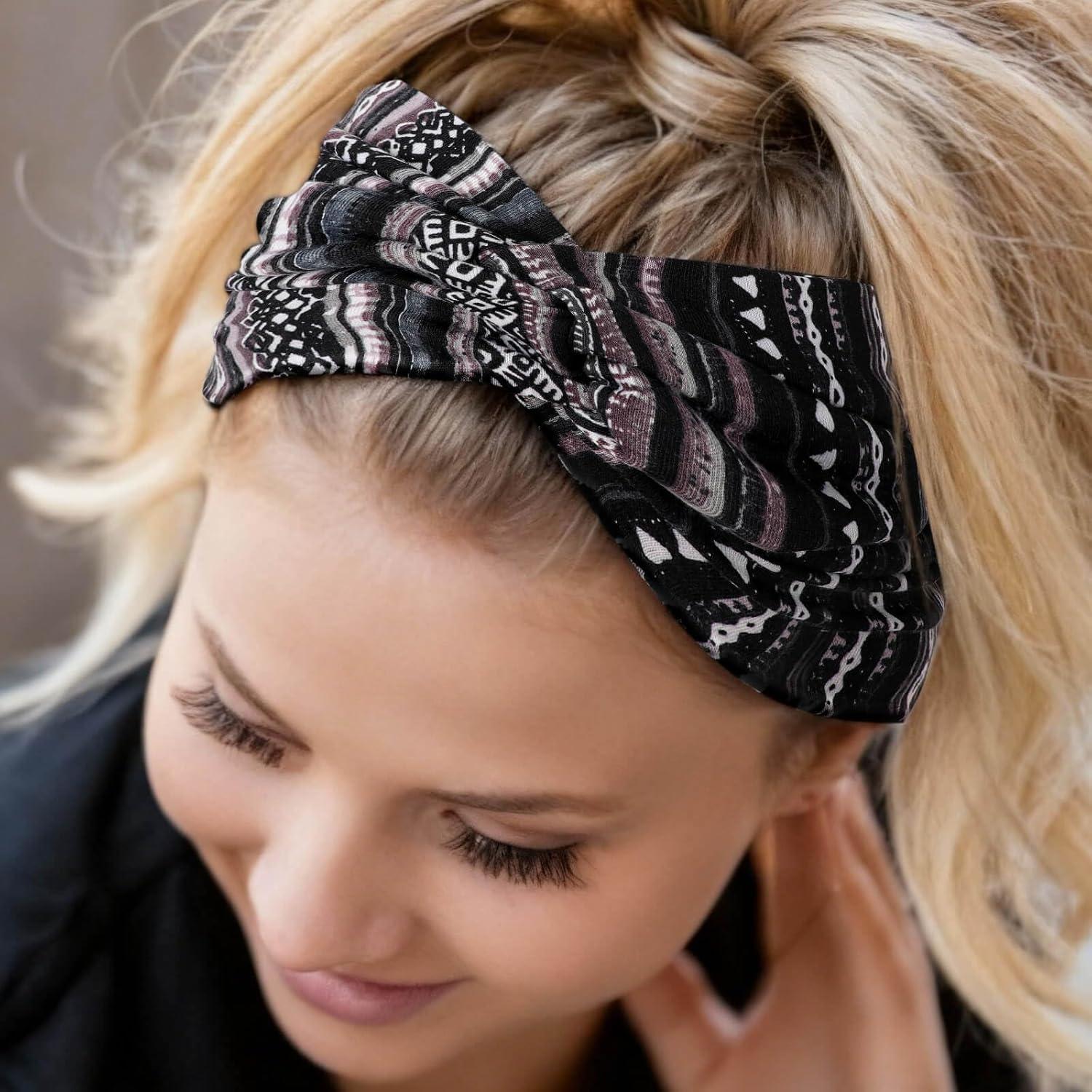 imageDRESHOW 4 Pices Bandeau Cheveux Femme Boho Bandeaux Vintage Fleur Imprim Hair Bandeau Cross Nou lastique Bande de Cheveux Accessoire4 Pack Mix Style SetC37