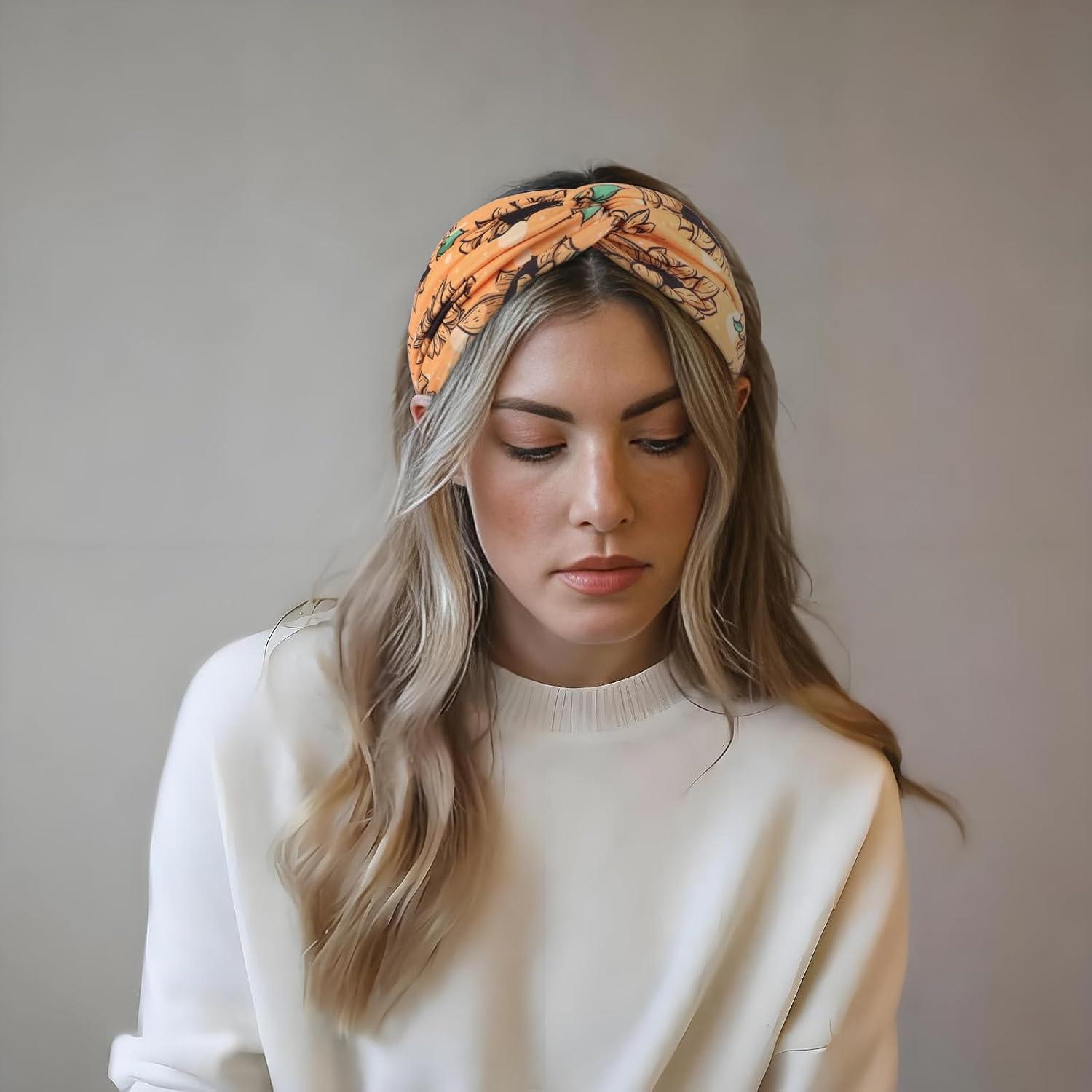 imageDRESHOW 4 Pices Bandeau Cheveux Femme Boho Bandeaux Vintage Fleur Imprim Hair Bandeau Cross Nou lastique Bande de Cheveux Accessoire4 Pack Mix Style SetC33