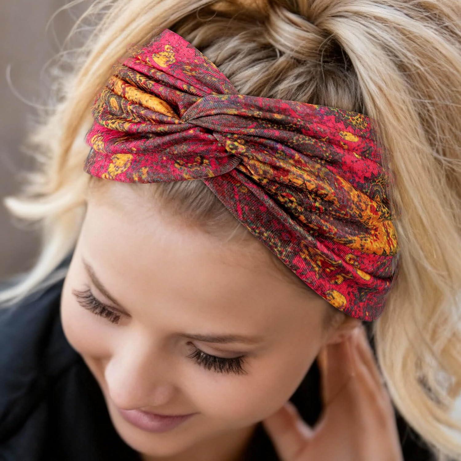 imageDRESHOW 4 Pices Bandeau Cheveux Femme Boho Bandeaux Vintage Fleur Imprim Hair Bandeau Cross Nou lastique Bande de Cheveux Accessoire4 Pack Mix Style SetC38