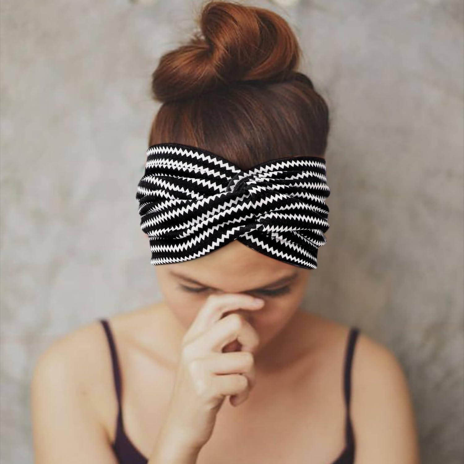 imageDRESHOW 4 Pices Bandeau Cheveux Femme Boho Bandeaux Vintage Fleur Imprim Hair Bandeau Cross Nou lastique Bande de Cheveux Accessoire4 Pack Mix Style SetC36