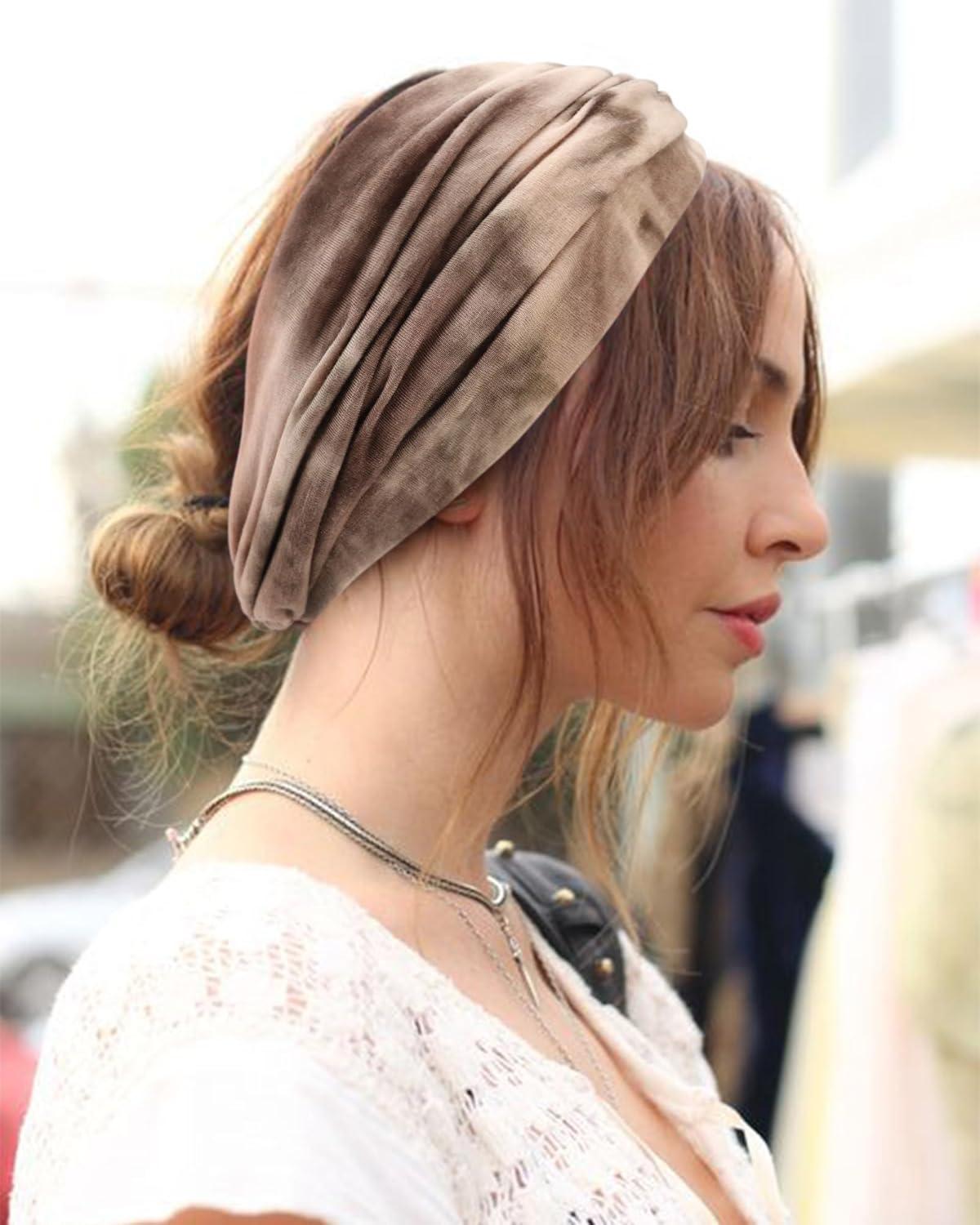 imageDRESHOW 4 Pices Bandeau Cheveux Femme Boho Bandeaux Vintage Fleur Imprim Hair Bandeau Cross Nou lastique Bande de Cheveux Accessoire4 Pack Tiedye Setc010