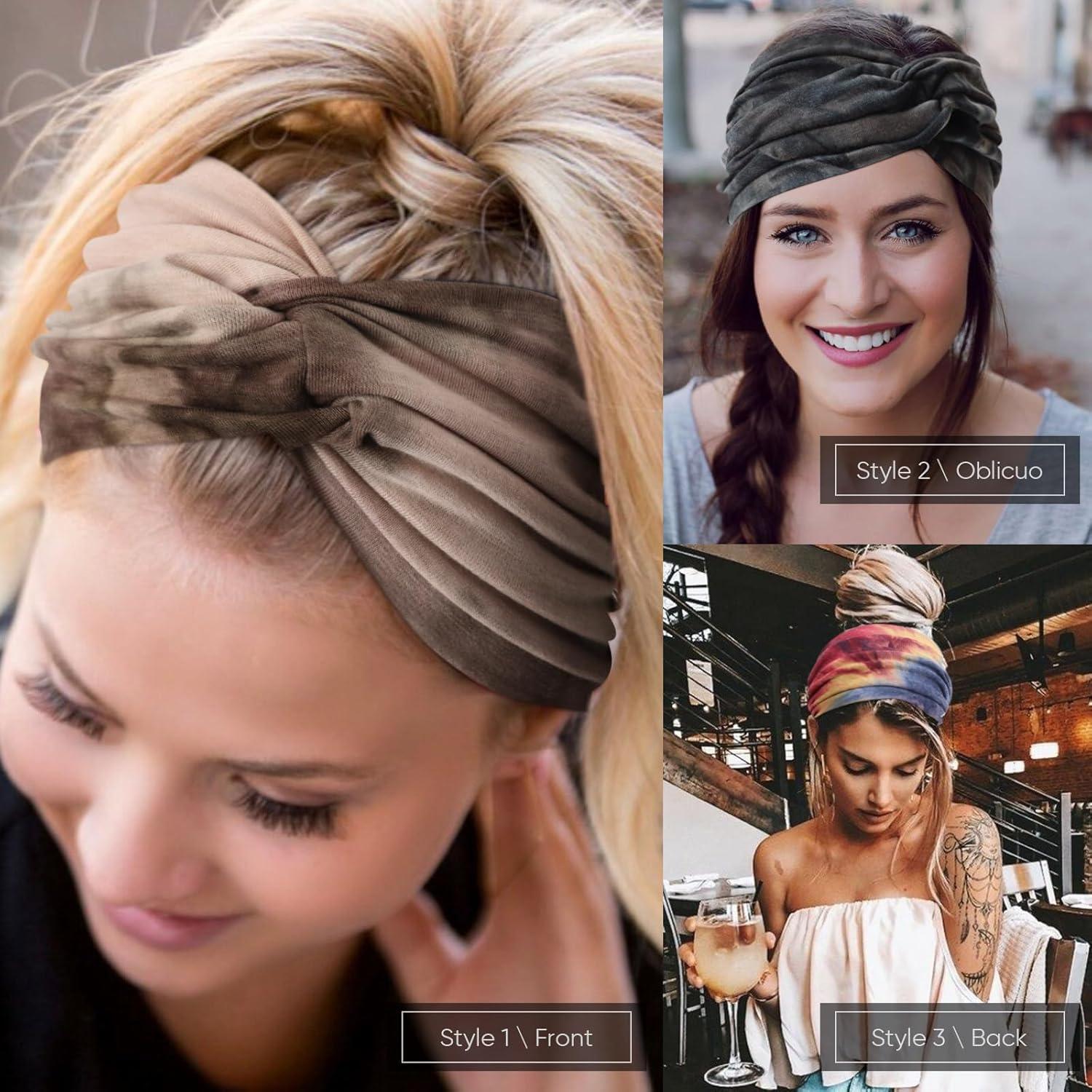 imageDRESHOW 4 Pices Bandeau Cheveux Femme Boho Bandeaux Vintage Fleur Imprim Hair Bandeau Cross Nou lastique Bande de Cheveux Accessoire4 Pack Tiedye Setc010