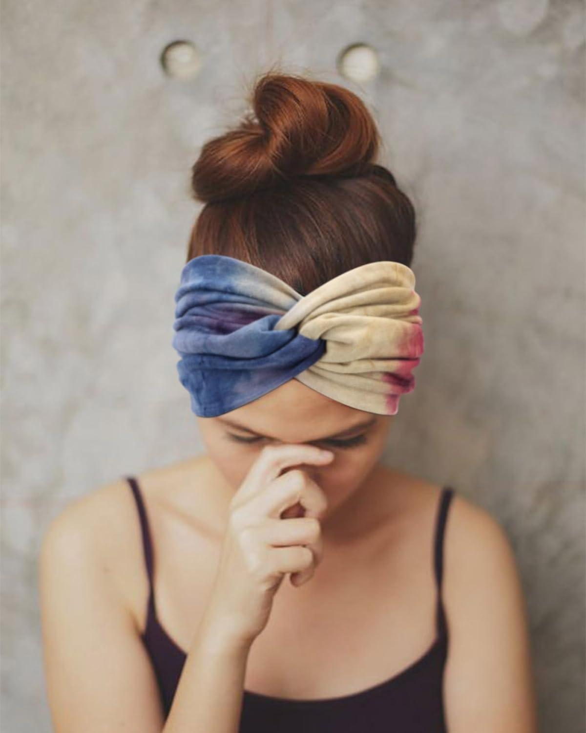 imageDRESHOW 4 Pices Bandeau Cheveux Femme Boho Bandeaux Vintage Fleur Imprim Hair Bandeau Cross Nou lastique Bande de Cheveux Accessoire4 Pack Tiedye Setc010