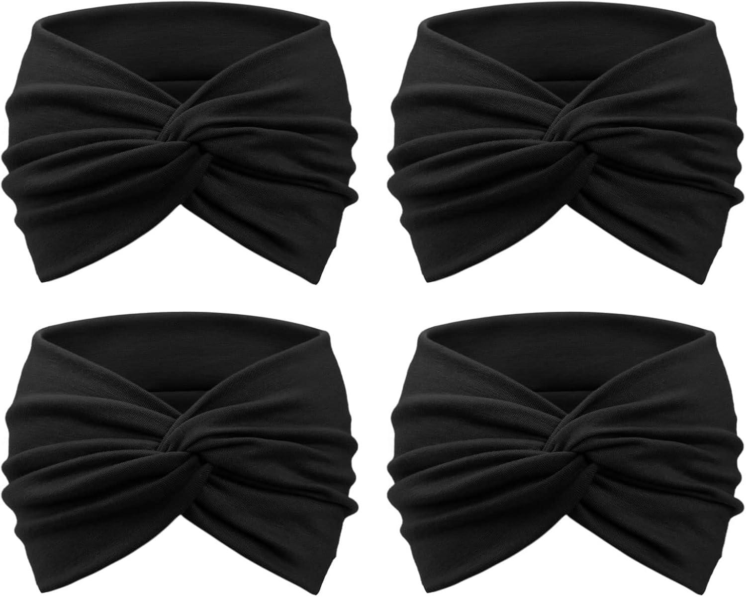 imageDRESHOW 4 Pices Bandeau Cheveux Femme Boho Bandeaux Vintage Fleur Imprim Hair Bandeau Cross Nou lastique Bande de Cheveux Accessoire4 Pcs Black Set