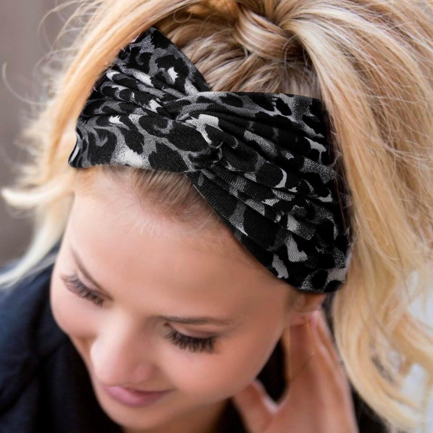 imageDRESHOW 4 Pices Bandeau Cheveux Femme Boho Bandeaux Vintage Fleur Imprim Hair Bandeau Cross Nou lastique Bande de Cheveux Accessoire4 Pcs Tan Leopard Gray Leopard Black Brown