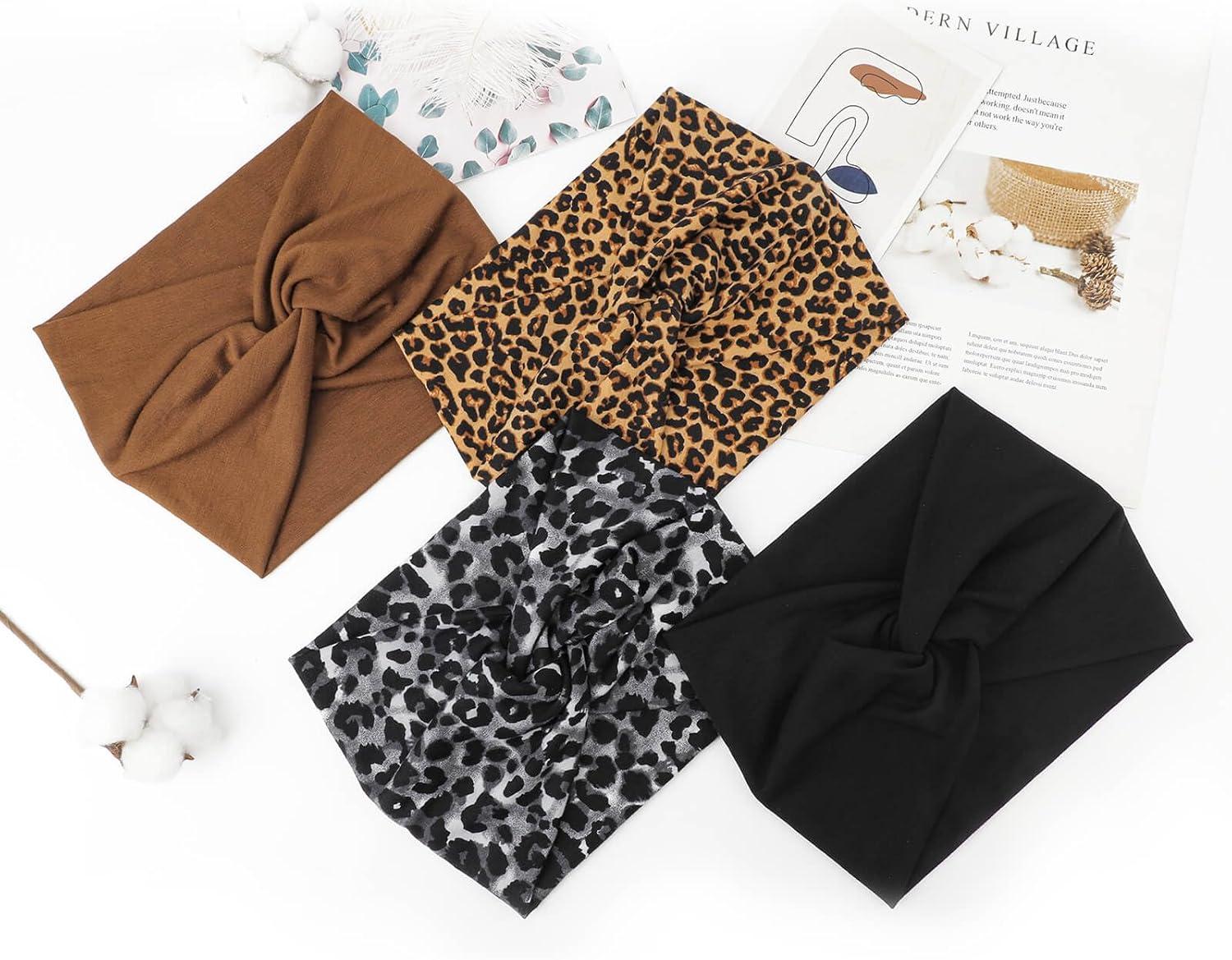 imageDRESHOW 4 Pices Bandeau Cheveux Femme Boho Bandeaux Vintage Fleur Imprim Hair Bandeau Cross Nou lastique Bande de Cheveux Accessoire4 Pcs Tan Leopard Gray Leopard Black Brown