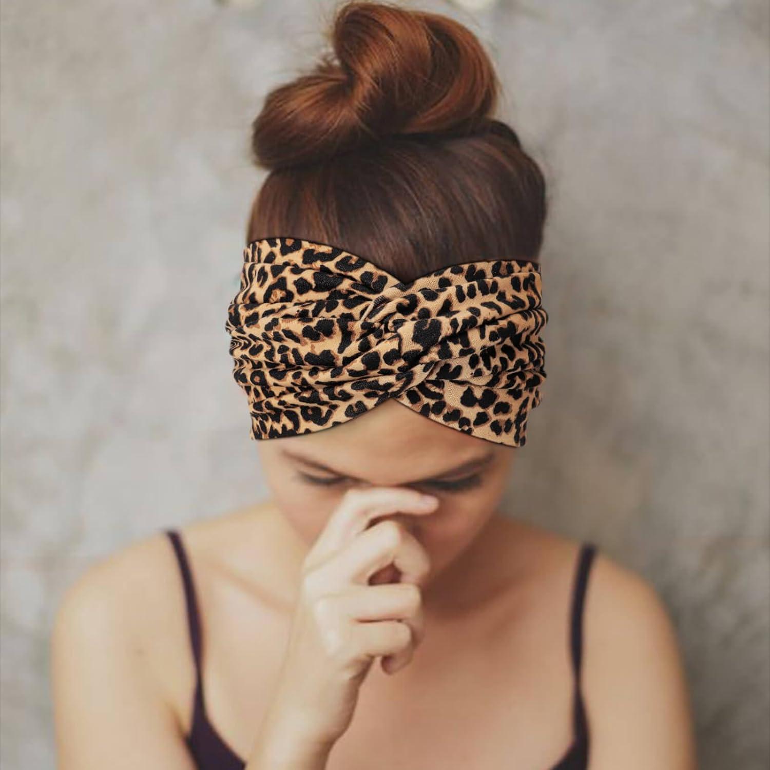 imageDRESHOW 4 Pices Bandeau Cheveux Femme Boho Bandeaux Vintage Fleur Imprim Hair Bandeau Cross Nou lastique Bande de Cheveux Accessoire4 Pcs Tan Leopard Gray Leopard Black Brown